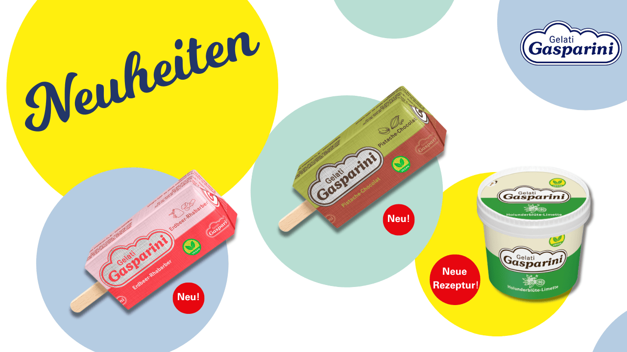 Gelati Gasparini Neuheiten 2025: Erdbeer-Rhabarber Sorbet / Vegan, Pistache-Chocolat Vegan und Holunder-Limette Sorbet / Vegan