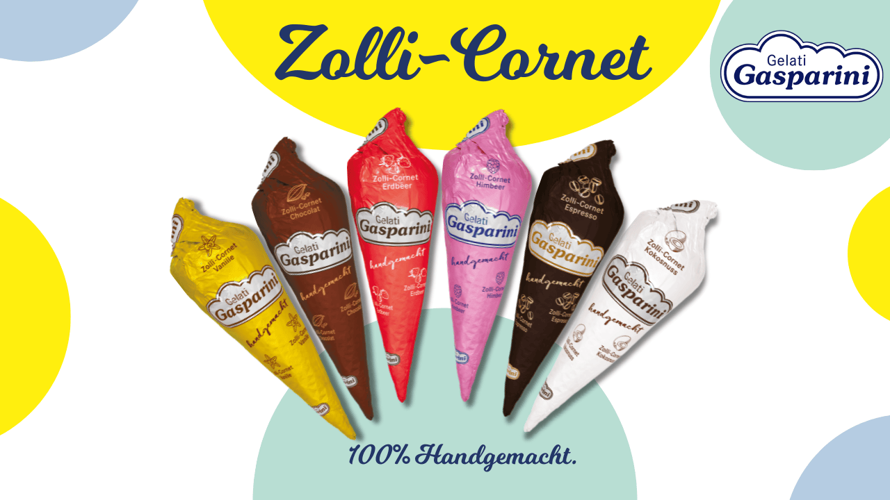 Gelati Gasparini Zolli-Cornet Sorten: Vanille, Chocolat, Erdbeer, Himbeer, Espresso und Kokosnuss.
