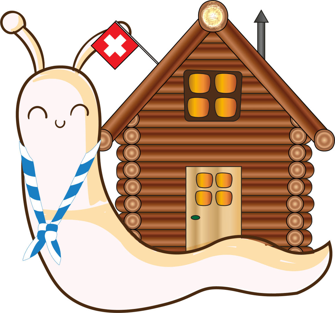 Eine lächelnde Cartoon-Schnecke mit blau-weißem Halstuch steht vor einer Blockhütte mit einer Schweizer Flagge und einer Goldmünze auf dem Dach. Die Hütte hat einen Schornstein und gelbe Fenster.