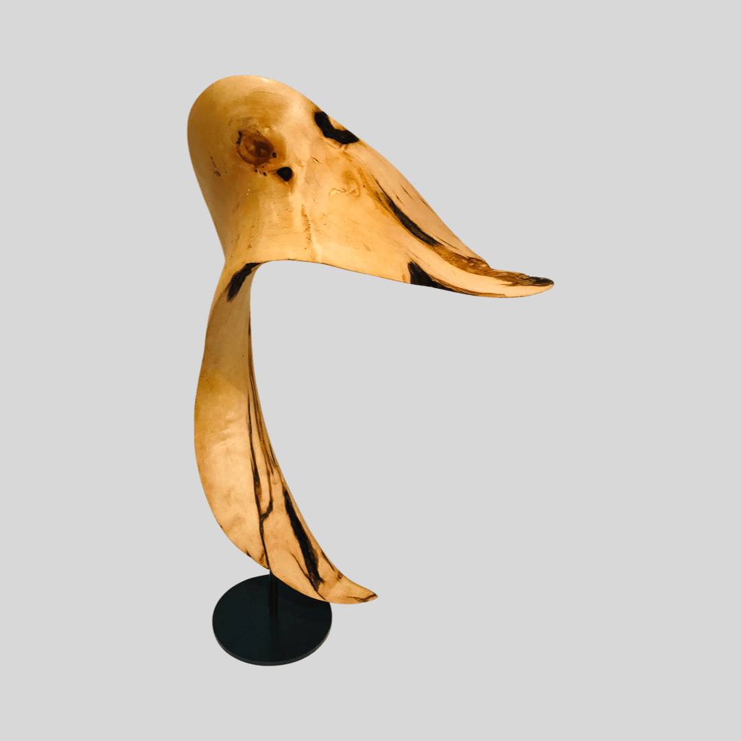 Eine Holzskulptur mit sanften, fließenden Kurven, die an einen abstrakten, langgestreckten Vogelkopf erinnern, montiert auf einem runden schwarzen Sockel, vor einem schlichten grauen Hintergrund.