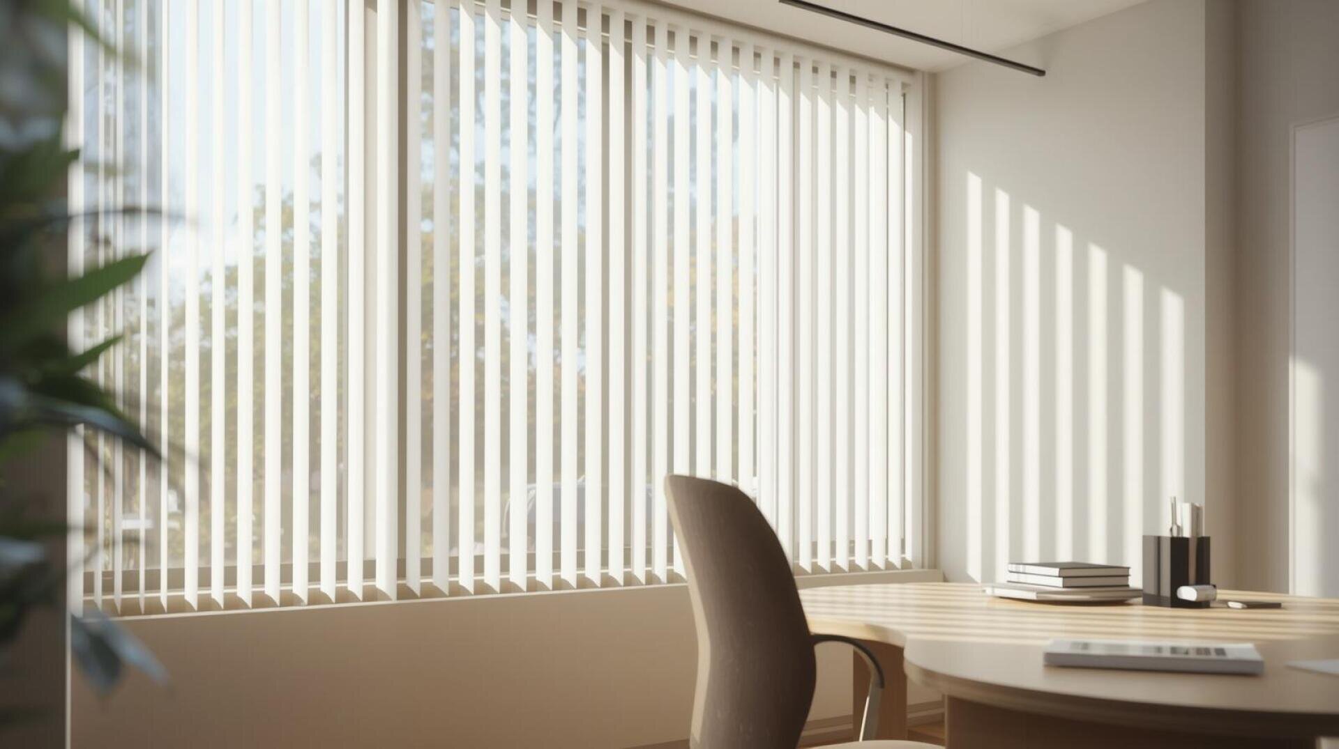 Ein modernes Büro mit einem Holzschreibtisch, einem bequemen Stuhl und vertikalen Jalousien vor großen Fenstern. Das Sonnenlicht dringt durch die Jalousien und erzeugt gestreifte Schatten auf dem Boden und dem Schreibtisch. Auf der linken Seite ist teilweise eine Pflanze zu sehen.