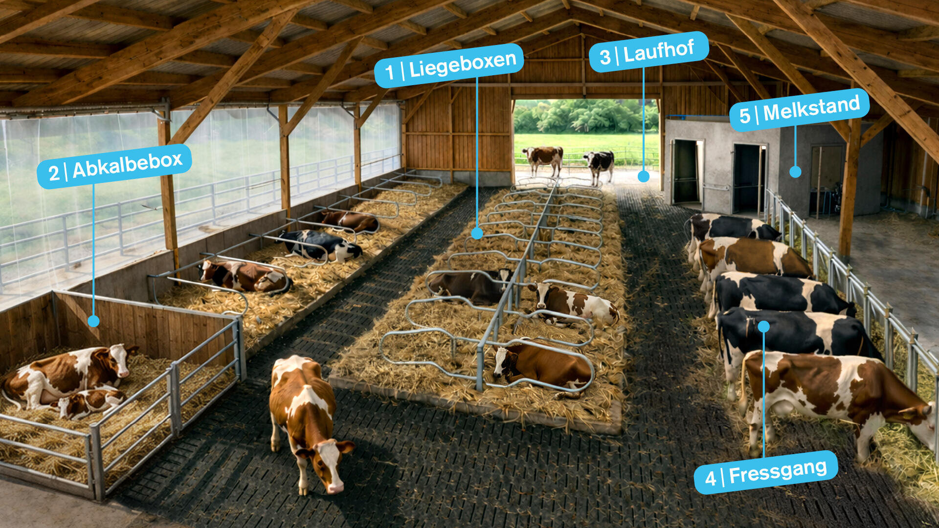 Die Kühe ruhen und stehen in einem modernen Stall mit beschrifteten Abteilungen: Abkalbebereich, Liegeboxen, Auslauf, Fressbereich und Melkstation. Der Stall ist hell, mit Stroheinstreu und offenen Seiten, die den Blick auf das Grün draußen freigeben.