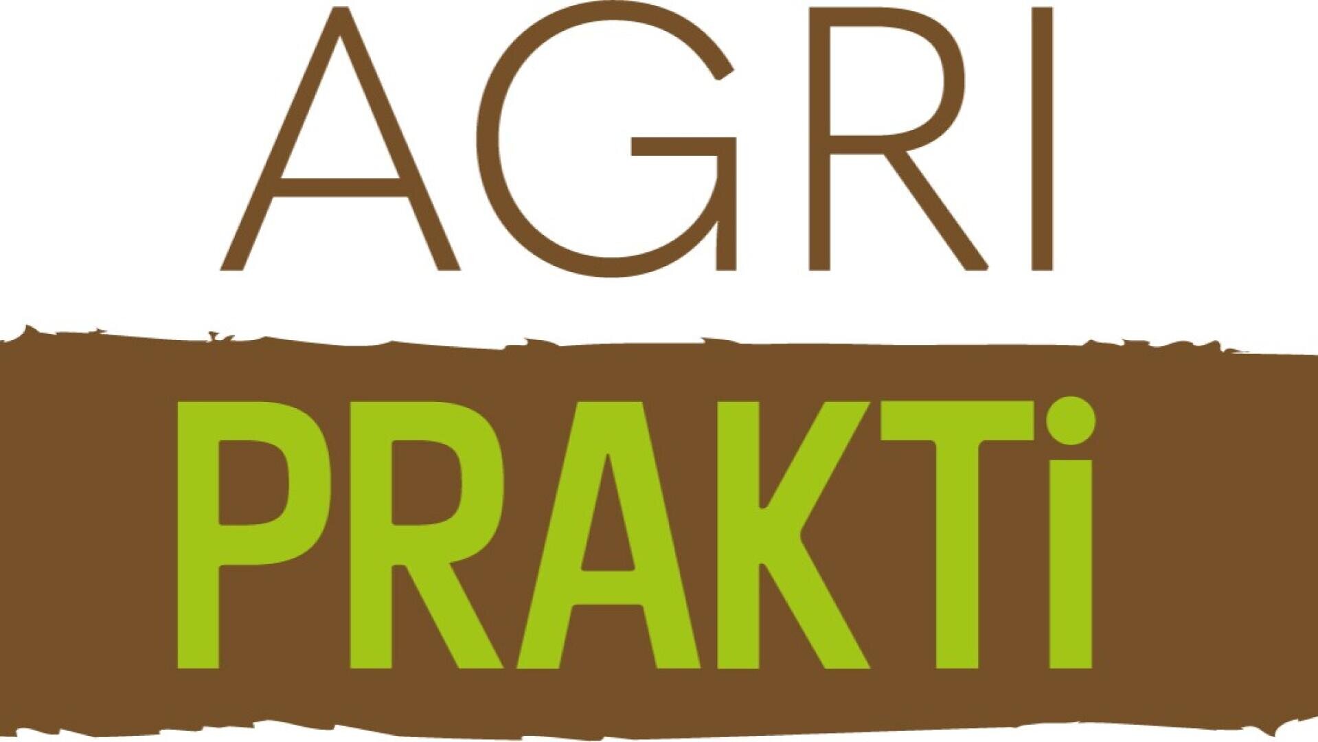 Logo mit dem Wort AGRI in braunen Großbuchstaben über einem braunen Rechteck mit dem Wort PRAKTi in fetten grünen Buchstaben, wobei das i klein geschrieben ist.