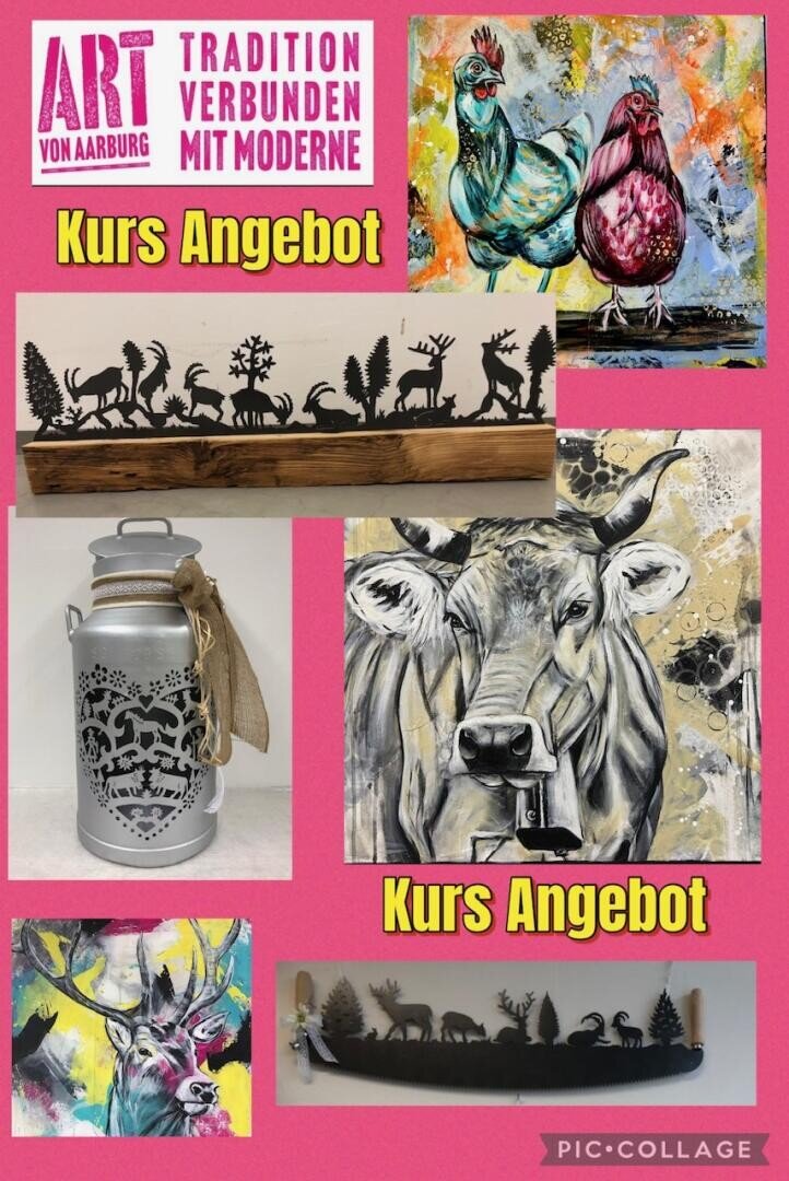 Eine Collage auf rosafarbenem Hintergrund mit bunten Tierbildern, Silhouetten von Waldtieren auf Holz, einer verzierten Kuhglocke und den Texten ART von Aarburg, Tradition verbunden mit Moderne und Kurs Angebot.