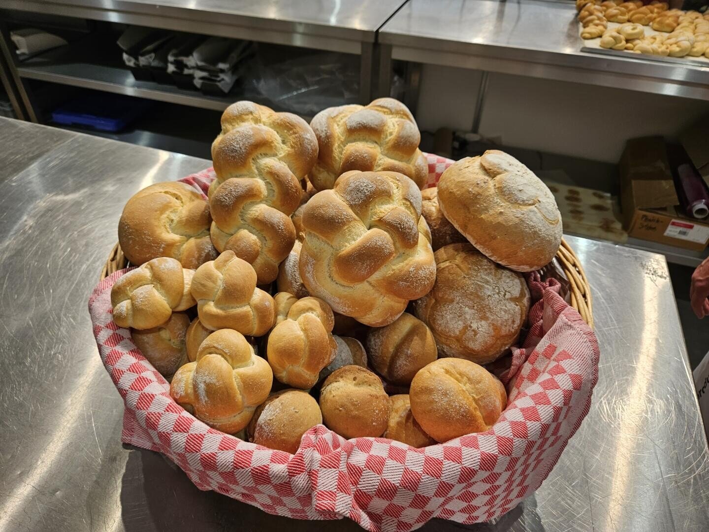Ein geflochtener Korb, der mit einem rot-weiß karierten Tuch ausgelegt ist, ist mit verschiedenen frisch gebackenen Brötchen gefüllt und steht auf einer glänzenden Edelstahl-Arbeitsplatte in einer Bäckereiküche.