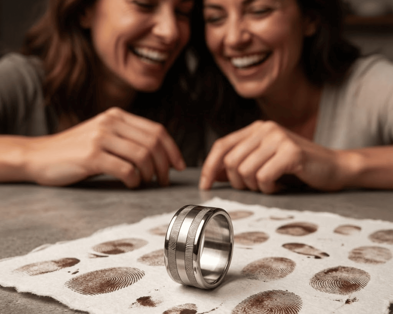 Zwei lächelnde Frauen im Hintergrund, im Vordergrund ein silberner Ring auf einer mit Fingerabdrücken übersäten Serviette. Der Fokus liegt auf dem Ring und den Fingerabdrücken, was auf einen besonderen oder intimen Moment hindeutet.