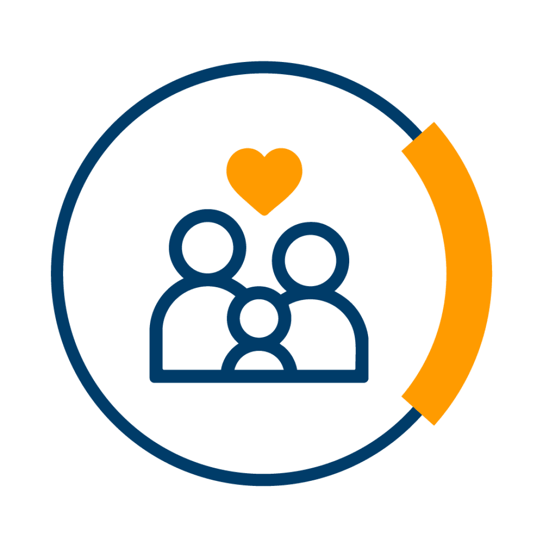 Ein blauer Umriss von zwei Erwachsenen und einem Kind innerhalb eines Kreises, mit einem gelben Herz über ihnen und einem gebogenen gelben Segment auf der rechten Seite des Kreises, das Familie und Fürsorge symbolisiert.