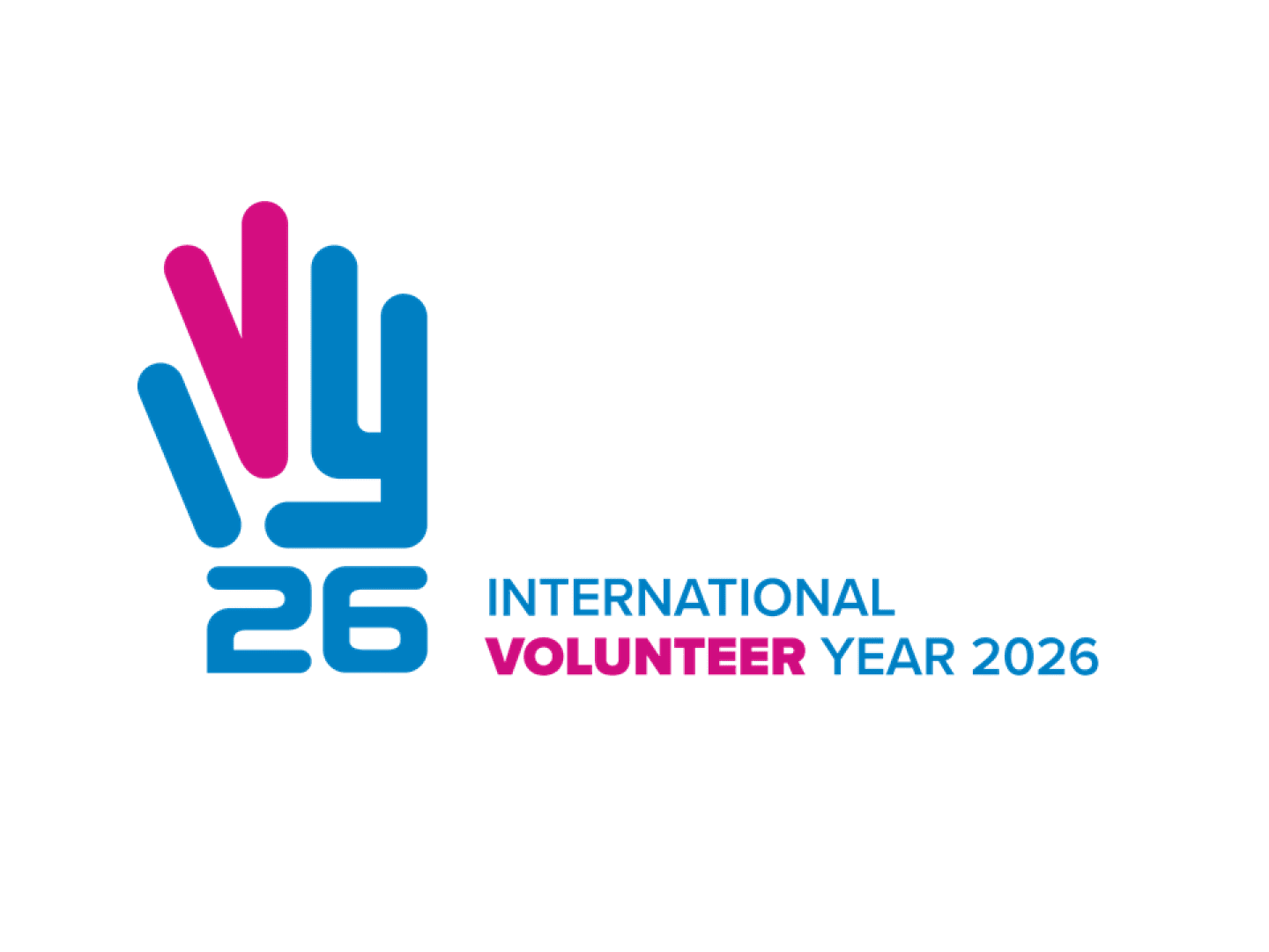 Logo mit einer stilisierten Hand in Rosa und Blau, die IVY 26 bildet. Daneben steht der Text INTERNATIONAL VOLUNTEER YEAR 2026 mit VOLUNTEER in rosa und dem Rest in blau auf weißem Hintergrund.