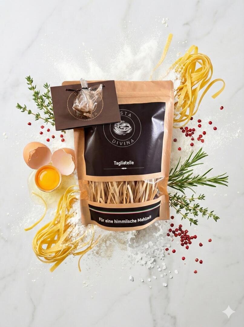 Eine Packung Tagliatelle-Nudeln ist umgeben von ungekochten Nudeln, Eigelb in einer Schale, Rosmarin, rosa Pfefferkörnern, grobem Salz und einer kleinen Tüte mit Gewürzen auf weißem Hintergrund.