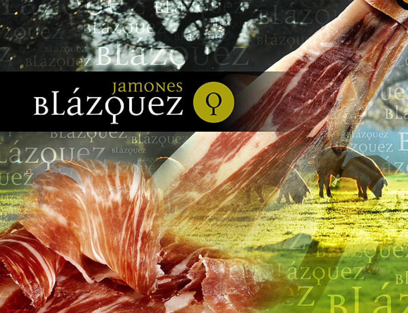 Gepökelte Schinkenscheiben und eine ganze Schinkenkeule mit dem Markennamen Jamones Blázquez, im Hintergrund eine Weide mit grasenden Schweinen.