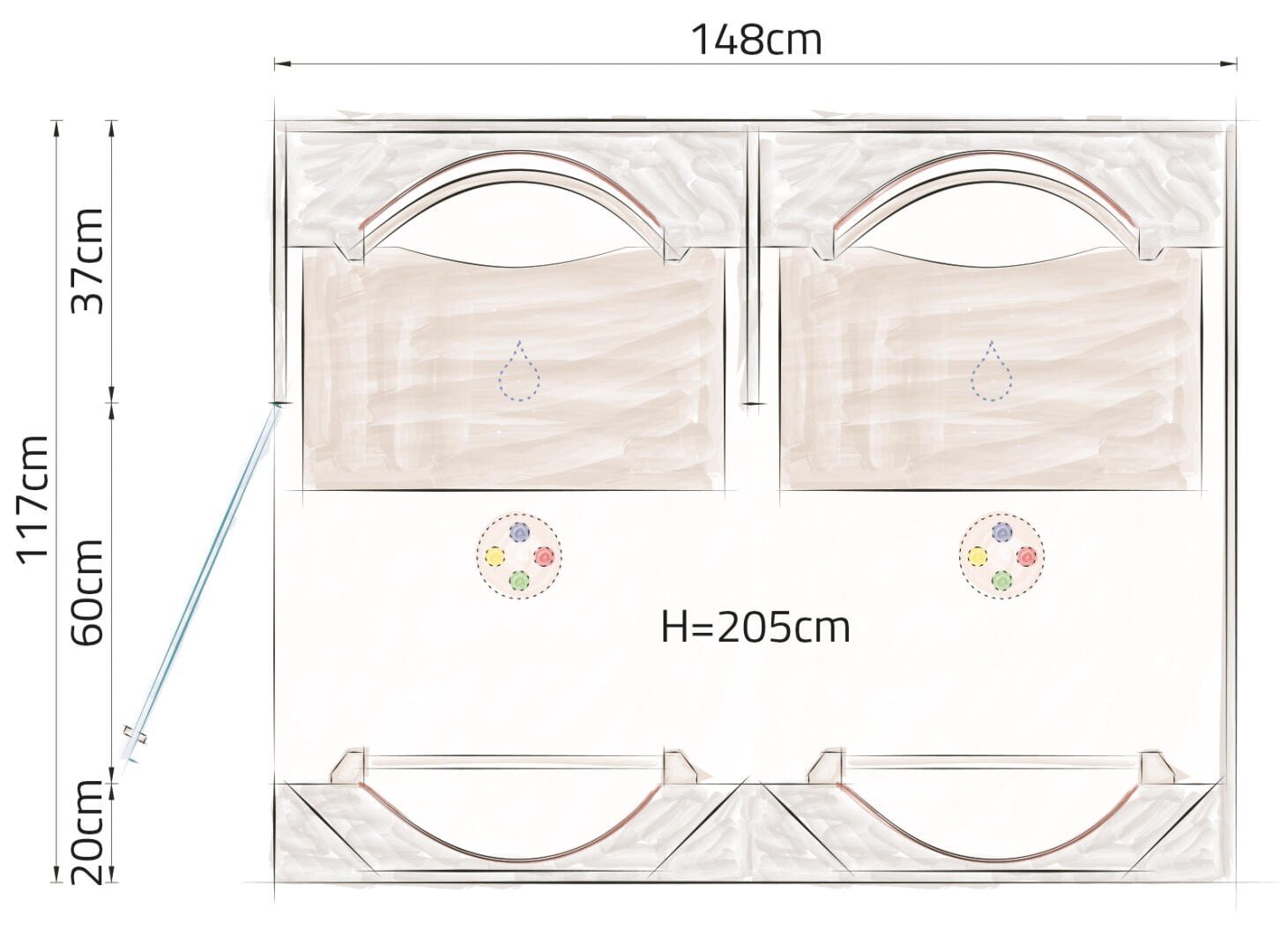Technische Zeichnung eines rechteckigen Bauwerks mit zwei bogenförmigen Abschnitten, beschriftete Maße: 148 cm breit, 205 cm hoch, 117 cm hoch von der Basis bis zu den oberen Bögen, sowie 20 cm und 60 cm vertikale Abschnitte auf der linken Seite.