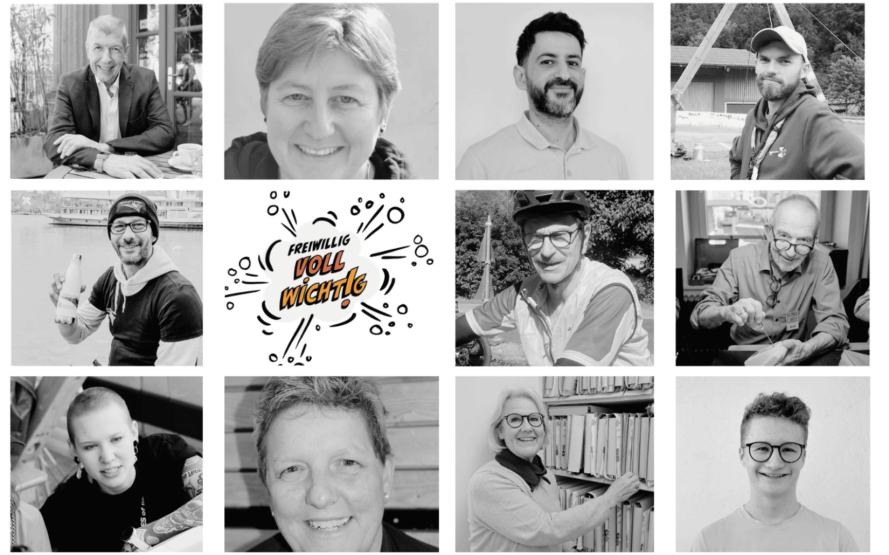 Eine Collage aus zwölf Schwarz-Weiß-Fotos, die verschiedene lächelnde Menschen zeigen, die um eine zentrale Grafik mit der Aufschrift Freiwillig VOLL WICHTIG angeordnet sind. Die Bilder zeigen Männer und Frauen unterschiedlichen Alters in verschiedenen Situationen.