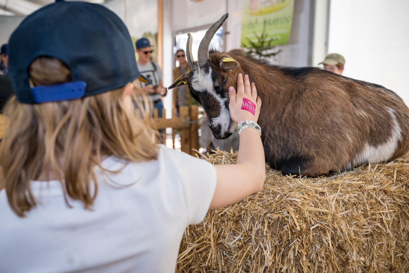 Ein Kind mit blauer Mütze und weißem Hemd streichelt eine braun-weiße Ziege, die auf einem Strohhaufen in einer bauernhofähnlichen Umgebung ruht, wobei im Hintergrund Menschen und Holzzäune zu sehen sind.