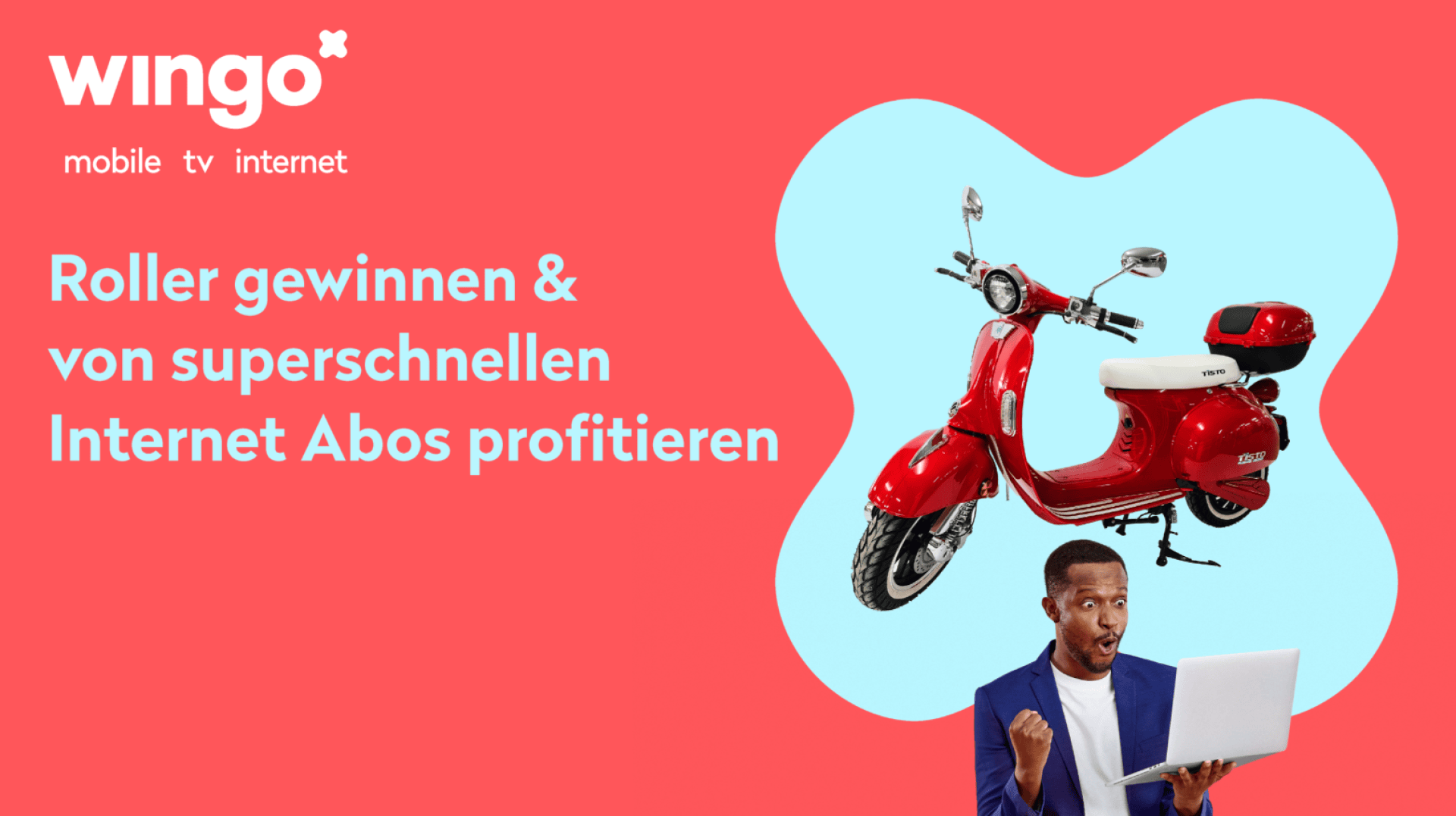 Ein Werbebild für Wingo zeigt einen roten Motorroller und einen aufgeregten Mann mit einem Laptop. Der deutsche Text wirbt dafür, einen Roller zu gewinnen und von schnellen Internet-Abonnements zu profitieren. Oben links sind das Logo und die Serviceangebote von Wingo zu sehen.