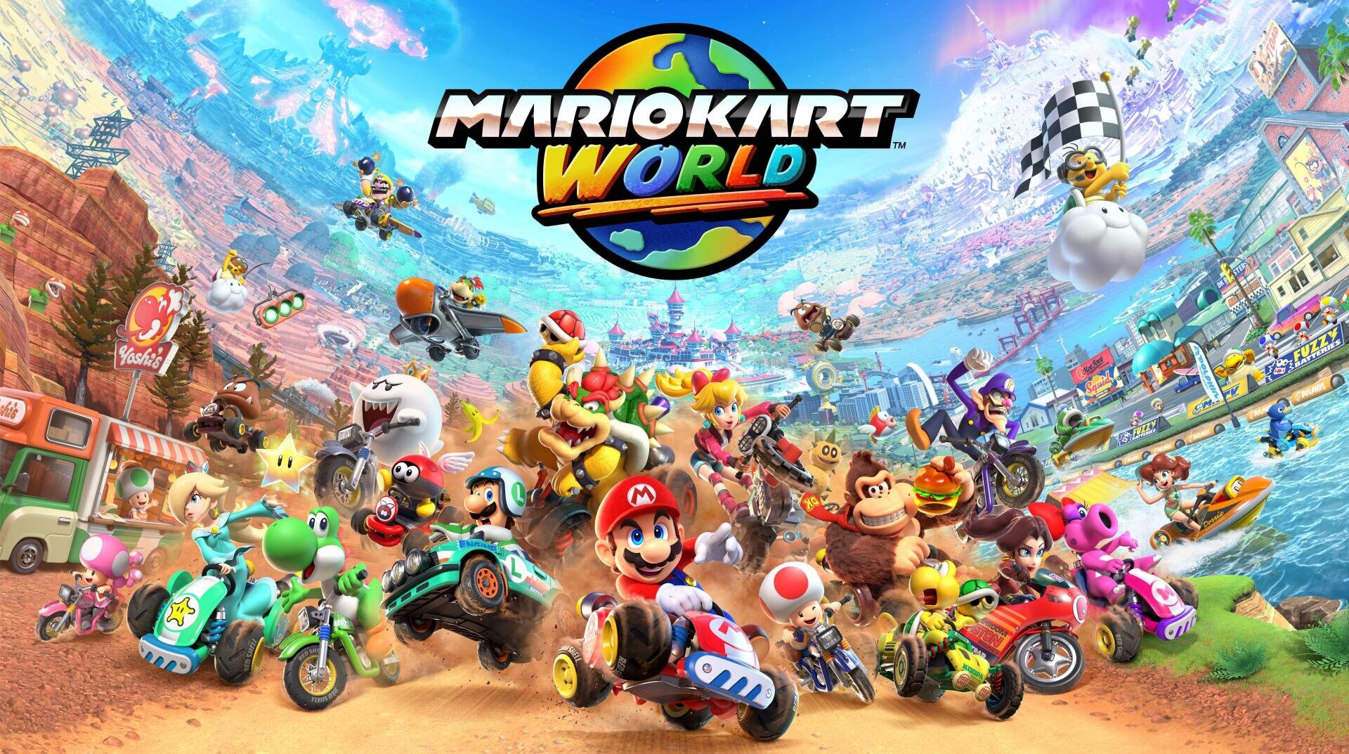 Farbenfrohes Mario Kart World-Poster mit Mario, Luigi, Peach, Bowser, Donkey Kong und anderen Figuren, die mit Go-Karts auf einer lebhaften Strecke mit verschiedenen Hintergründen und ikonischen Spielelementen fahren.