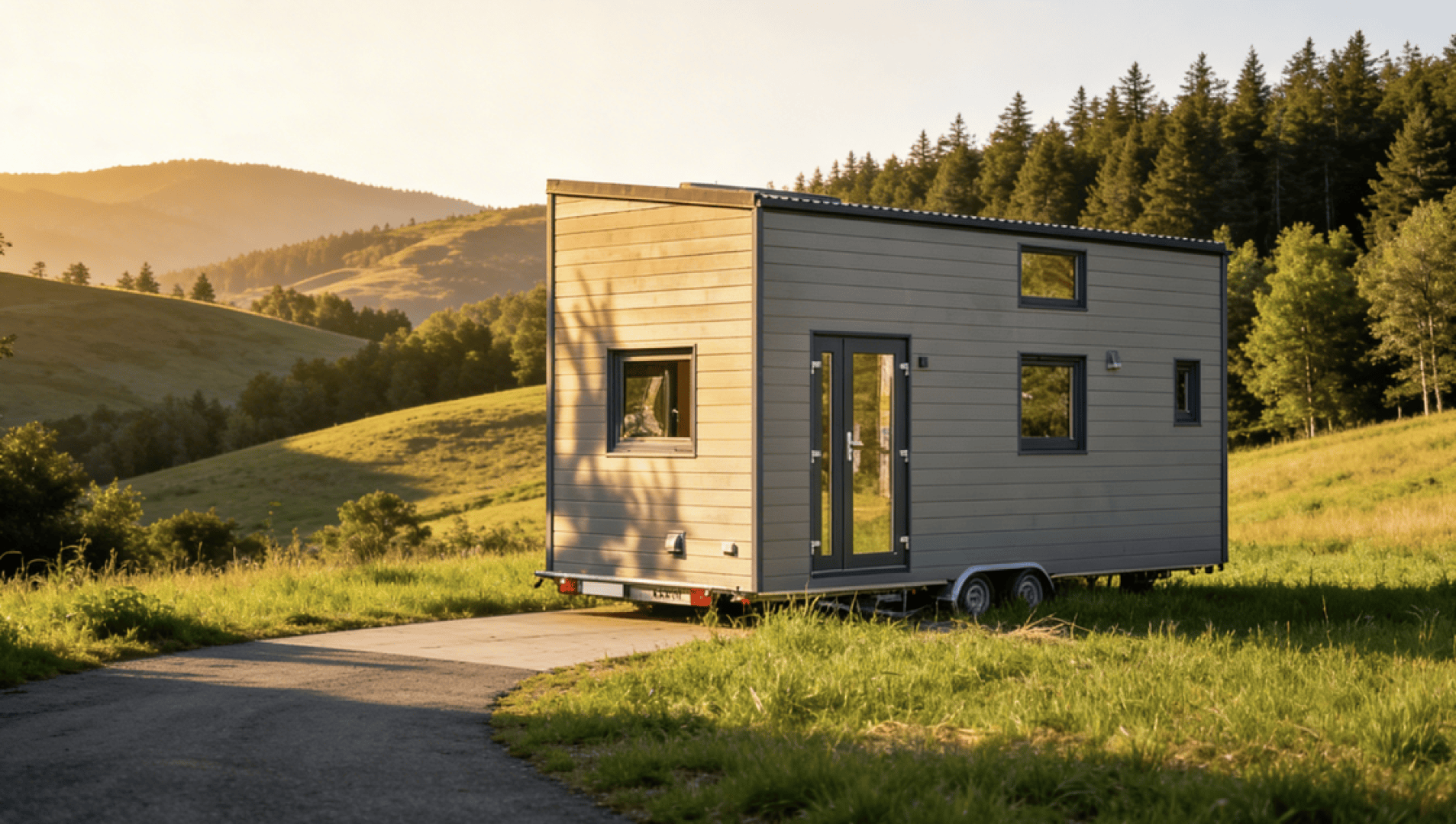 Ein kleines, modernes Häuschen auf Rädern steht auf einem gepflasterten Weg in einer grasbewachsenen Landschaft, umgeben von sanften Hügeln und Bäumen, während die Sonne hinter fernen Bergen untergeht.