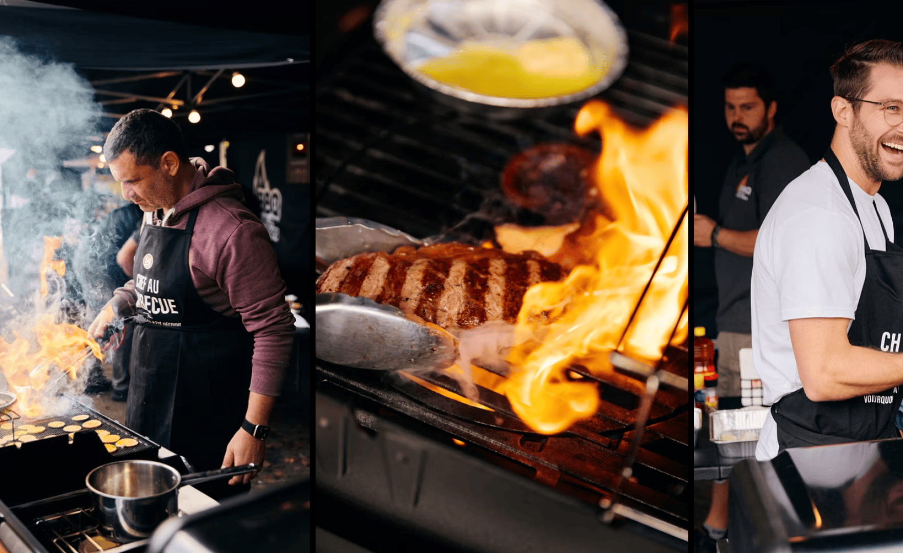 Dreiteiliges Bild: Links, ein Mann grillt Essen mit aufsteigendem Rauch; Mitte, Steak auf einem Grill mit Flammen; rechts, ein lächelnder Mann in einer Schürze steht am Grill mit anderen im Hintergrund.