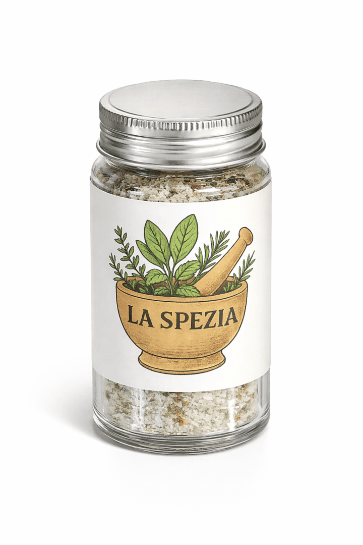 Ein Glasgefäß mit Metalldeckel, das mit Kräutersalz versetztes Salz enthält. Das Etikett zeigt einen hölzernen Mörser und Stößel mit frischen Kräutern und dem Text LA SPEZIA. Das Glas steht vor einem weißen Hintergrund.