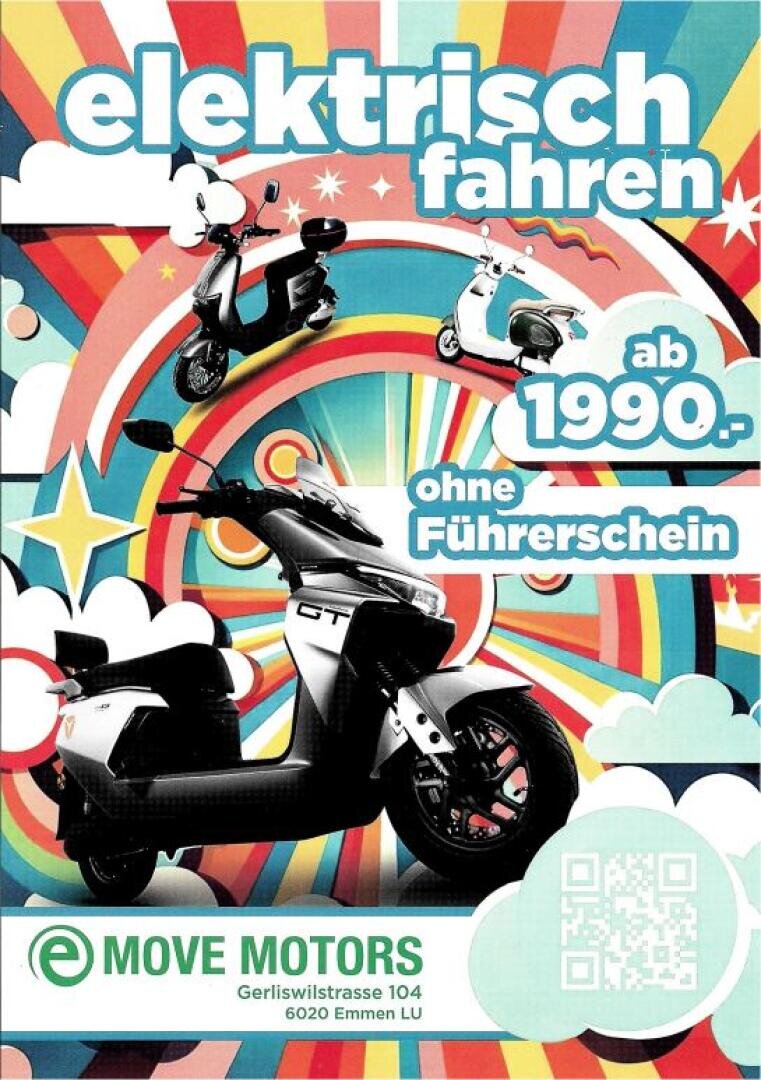Bunte Werbung mit drei Elektrorollern mit Grafiken im Retro-Stil. Der Text auf Deutsch wirbt für elektrisches Fahren ab 1990 - ohne Führerschein und enthält das Logo von Move Motors, die Adresse und einen QR-Code.