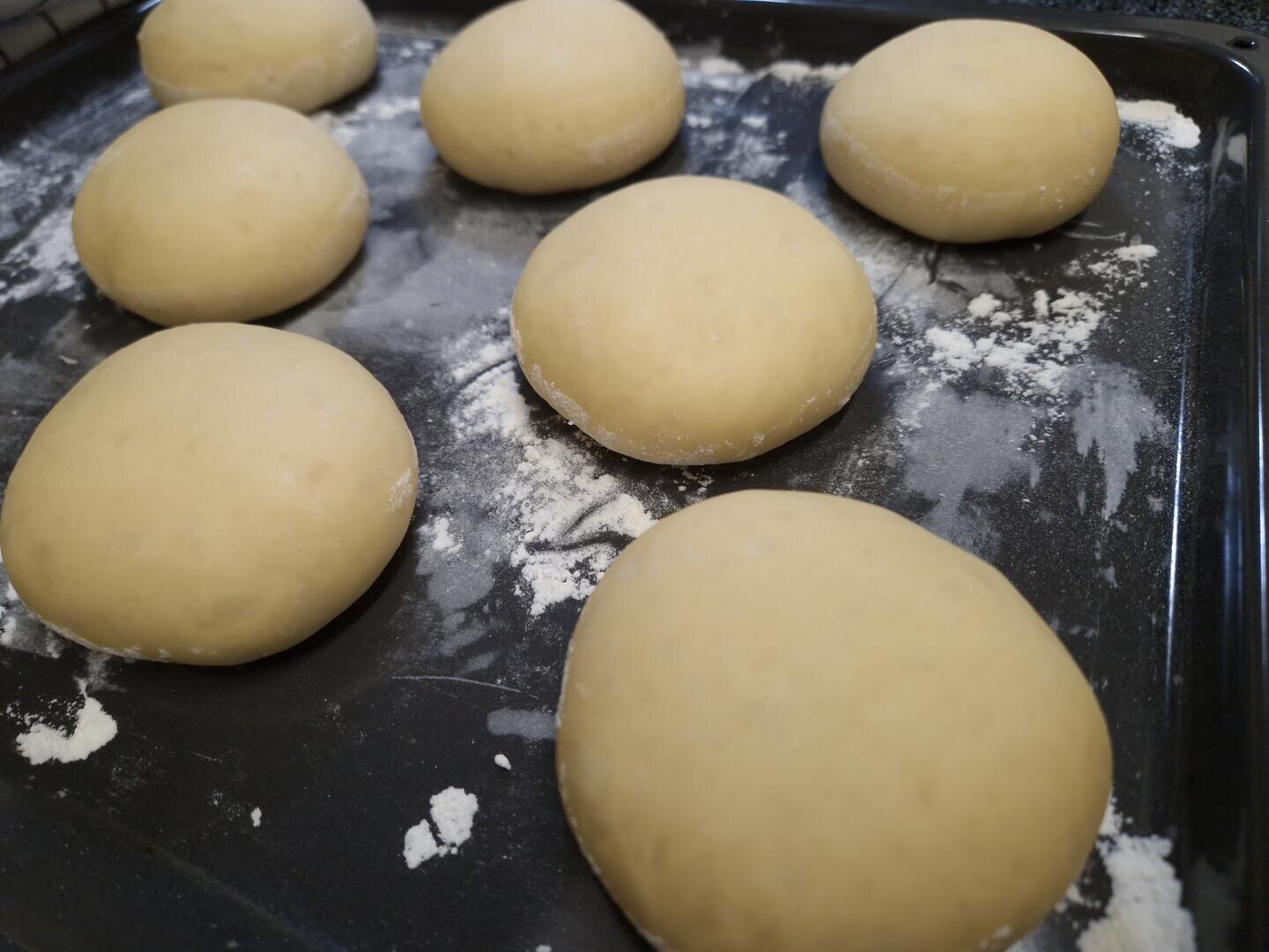Sieben runde Teigkugeln liegen auf einem bemehlten Backblech, bereit zum Backen. Der Teig ist glatt und leicht glänzend, auf dem Blech sind vereinzelte Mehlflecken zu sehen.