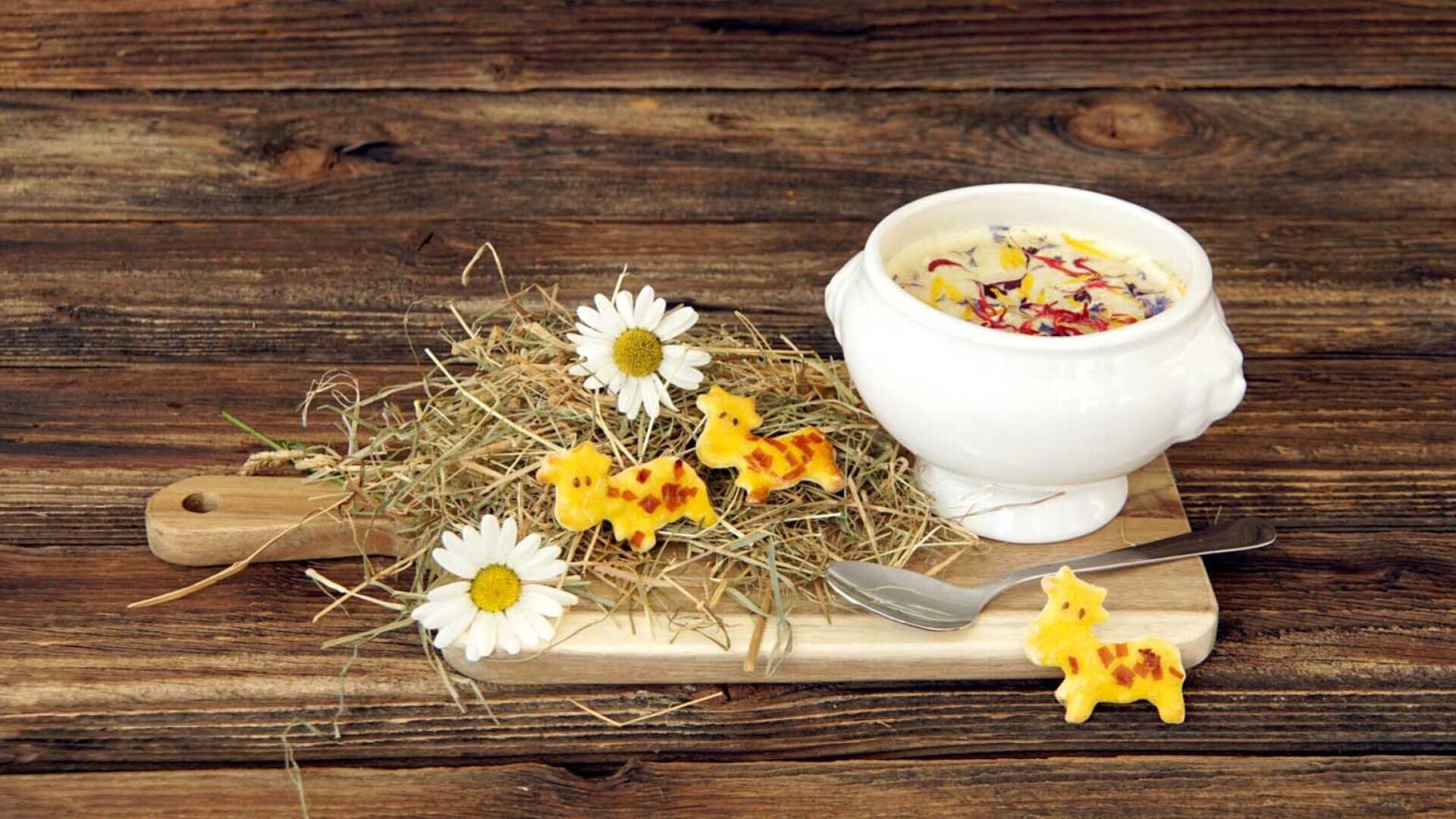Eine weiße Suppenschüssel, gefüllt mit cremiger Suppe, steht auf einem Holzbrett mit einem Metalllöffel, umgeben von Gänseblümchen, getrocknetem Heu und drei kleinen Käsefiguren in Form von Kühen, auf einem rustikalen Holztisch.