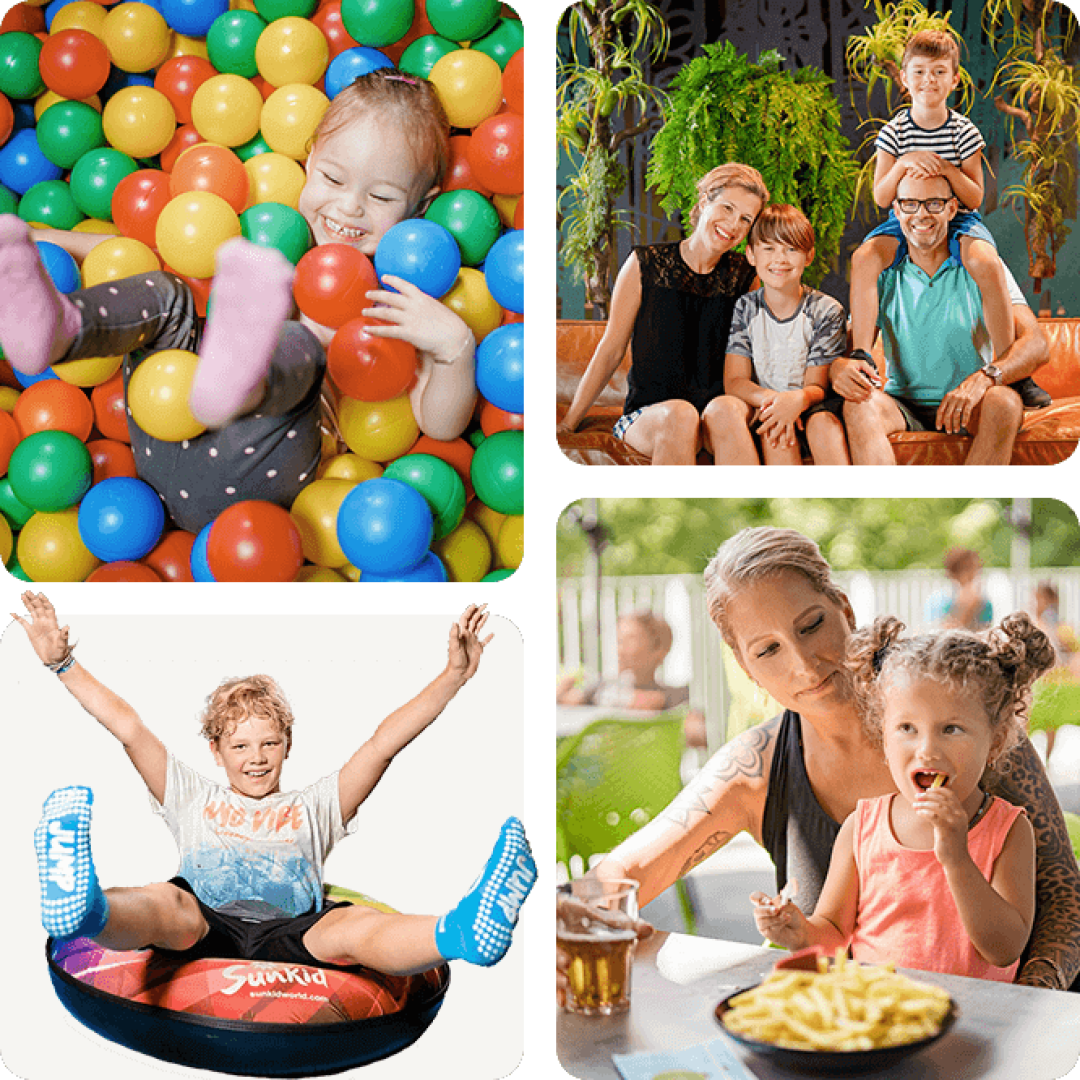 Collage aus vier Bildern: ein Kind, das in einem bunten Bällebad spielt, eine lächelnde vierköpfige Familie, ein Junge, der auf einem Rohr rutscht, und eine Frau mit einem kleinen Mädchen, die in einem Straßencafé Pommes frites essen.