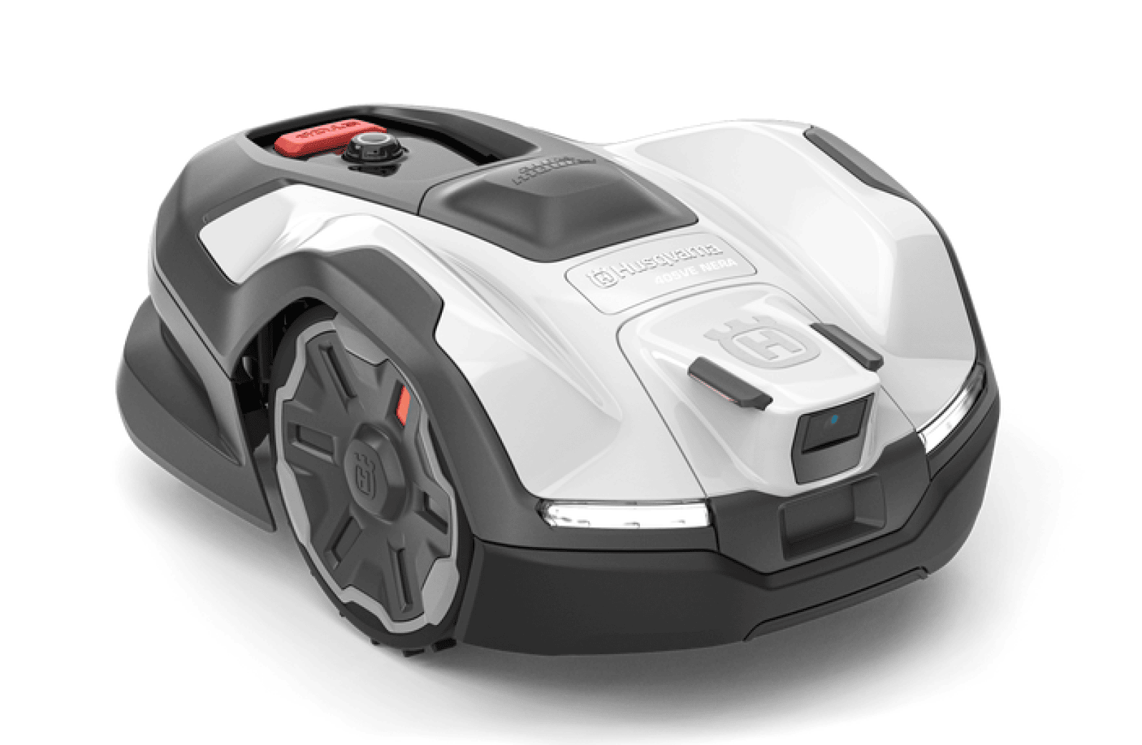 Ein eleganter, weißer Rasenmähroboter mit schwarzen und grauen Akzenten, großen Hinterrädern und einem digitalen Bedienfeld auf der Oberseite, der für das automatische Mähen von Gras entwickelt wurde.