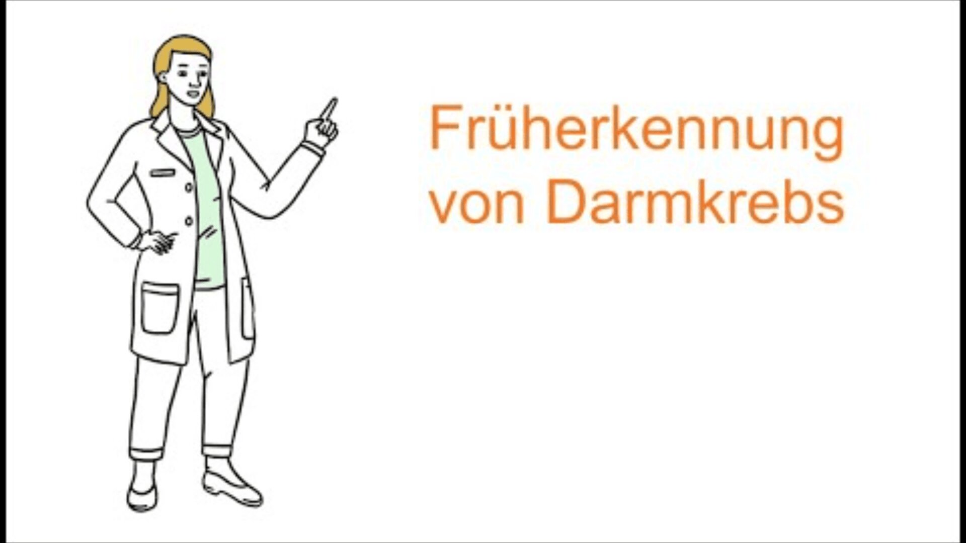 Illustration einer Person in einem Laborkittel, die nach oben zeigt, neben dem deutschen Text Früherkennung von Darmkrebs.