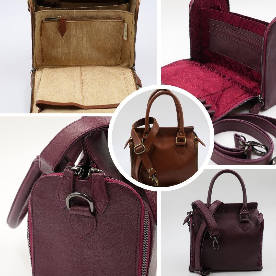 Collage von kastanienbraunen und braunen Lederhandtaschen, die verschiedene Blickwinkel und Details wie Innenfächer, Reißverschlüsse, Griffe und Taschen zeigen. Das zentrale Bild zeigt eine braune Handtasche mit Riemen.