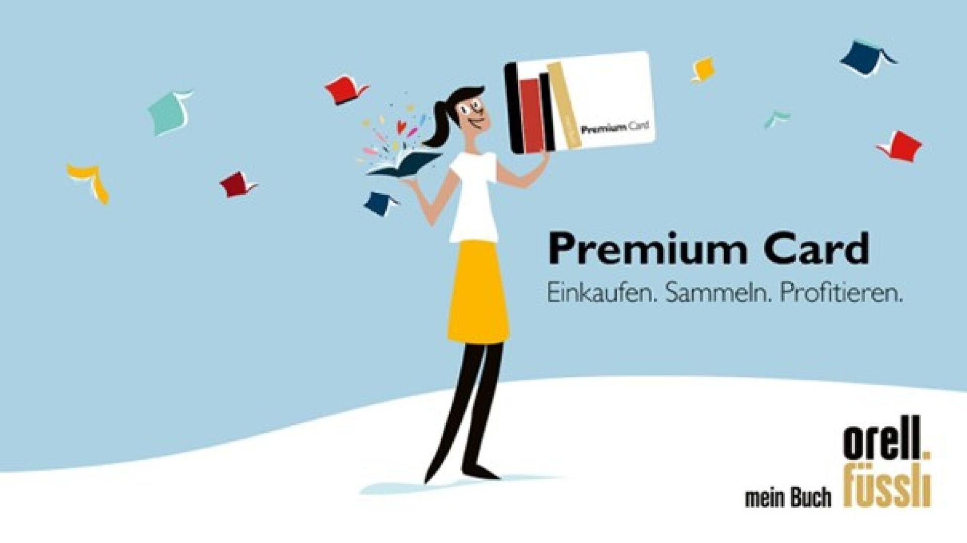 Illustration einer lächelnden Frau, die eine große Premium Card in der Hand hält, mit bunten Büchern, die um sie herumfliegen. Der Text lautet: Premium-Karte. Einkaufen. Sammeln. Profitieren. Das Orell Füssli-Logo befindet sich unten rechts.