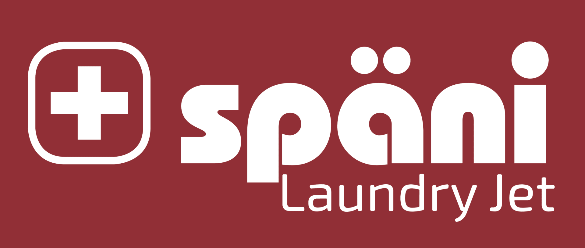 Logo für Späni Laundry Jet auf kastanienbraunem Hintergrund, mit einem weißen medizinischen Kreuz in einem abgerundeten Quadrat und stilisiertem weißem Text mit einem Umlaut über dem a in Späni.