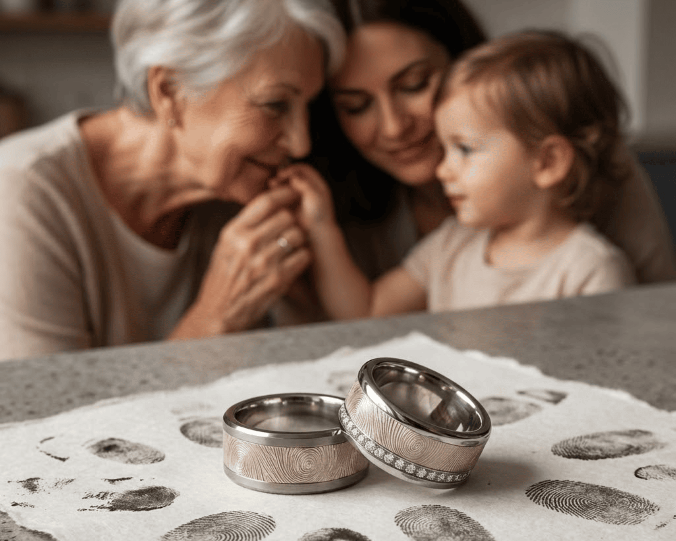 Zwei silberne Ringe liegen auf einem Blatt mit mehreren Fingerabdrücken. Im unscharfen Hintergrund teilen eine ältere Frau, eine jüngere Frau und ein kleines Kind einen zärtlichen Moment miteinander.