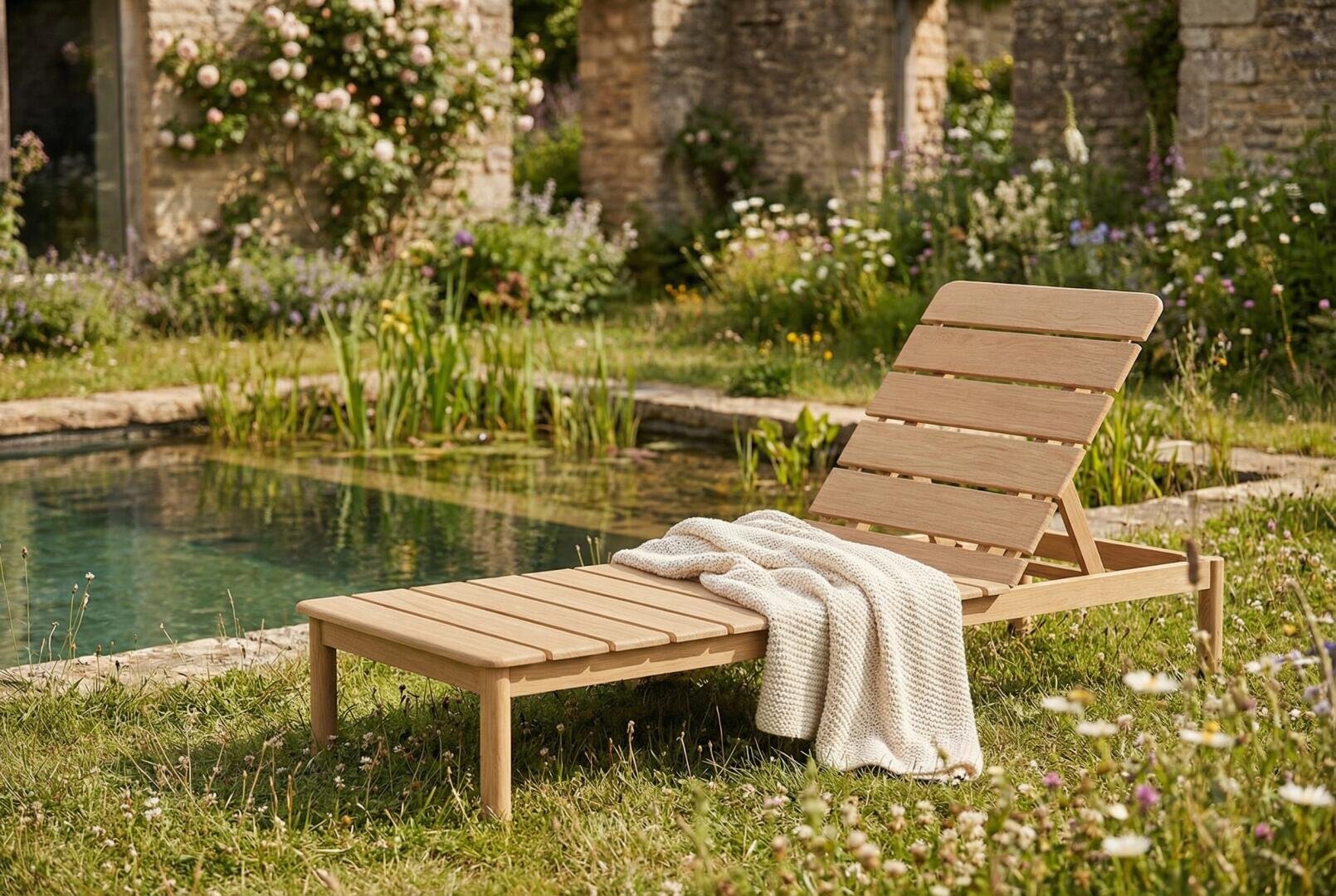 Ein hölzerner Liegestuhl mit einer cremefarbenen Strickdecke liegt auf grünem Gras neben einem Teich, umgeben von Wildblumen, Steinmauern und üppigen Gartenpflanzen.