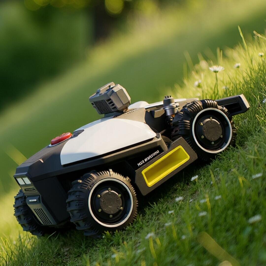 Ein Roboter-Rasenmäher mit großen Rädern und einer Kamera an der Spitze fährt an einem sonnigen Tag durch hohes Gras, umgeben von grünen Pflanzen und weißen Blumen.