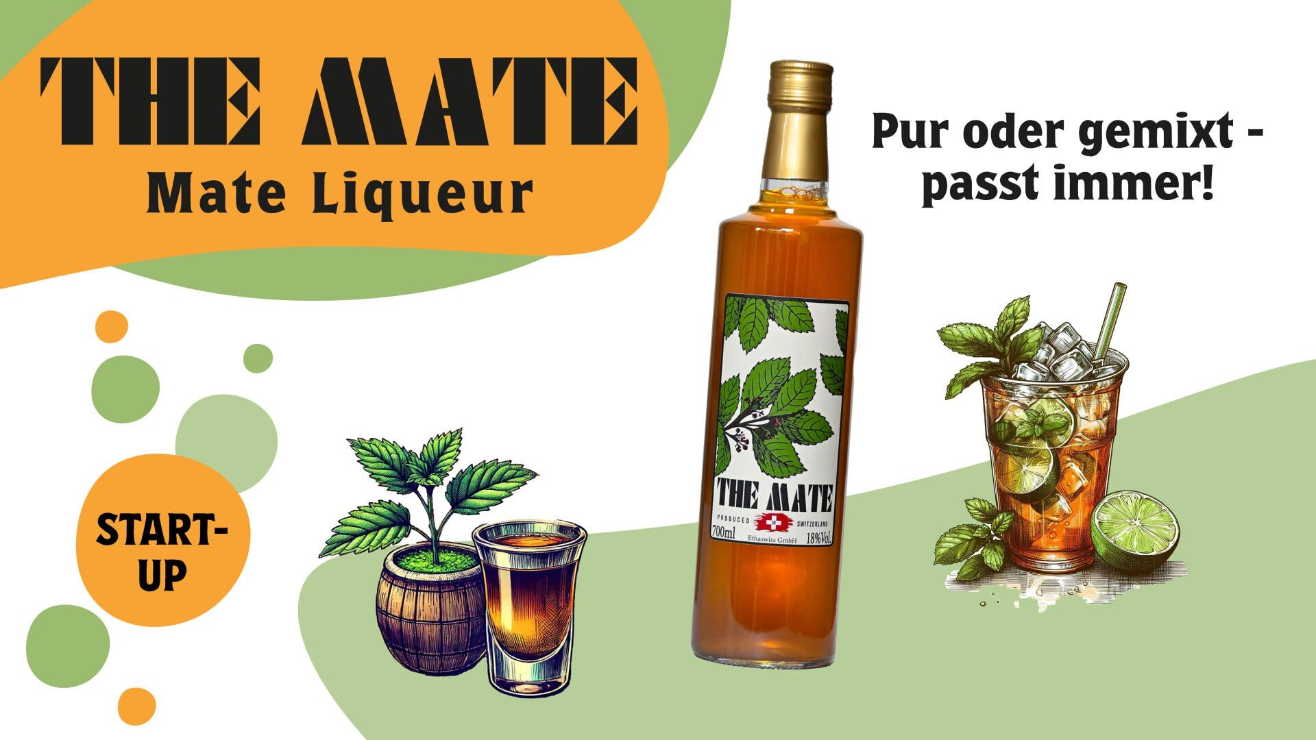 Eine Flasche THE MATE Mate-Likör steht aufrecht. Daneben sind Abbildungen einer Mate-Pflanze, eines Holzfasses mit einem Glas Mate und eines Glases mit einem eisgekühlten Cocktail zu sehen. Der Text lautet: THE MATE Mate Liqueur und Pur oder gemixt - passt immer!.