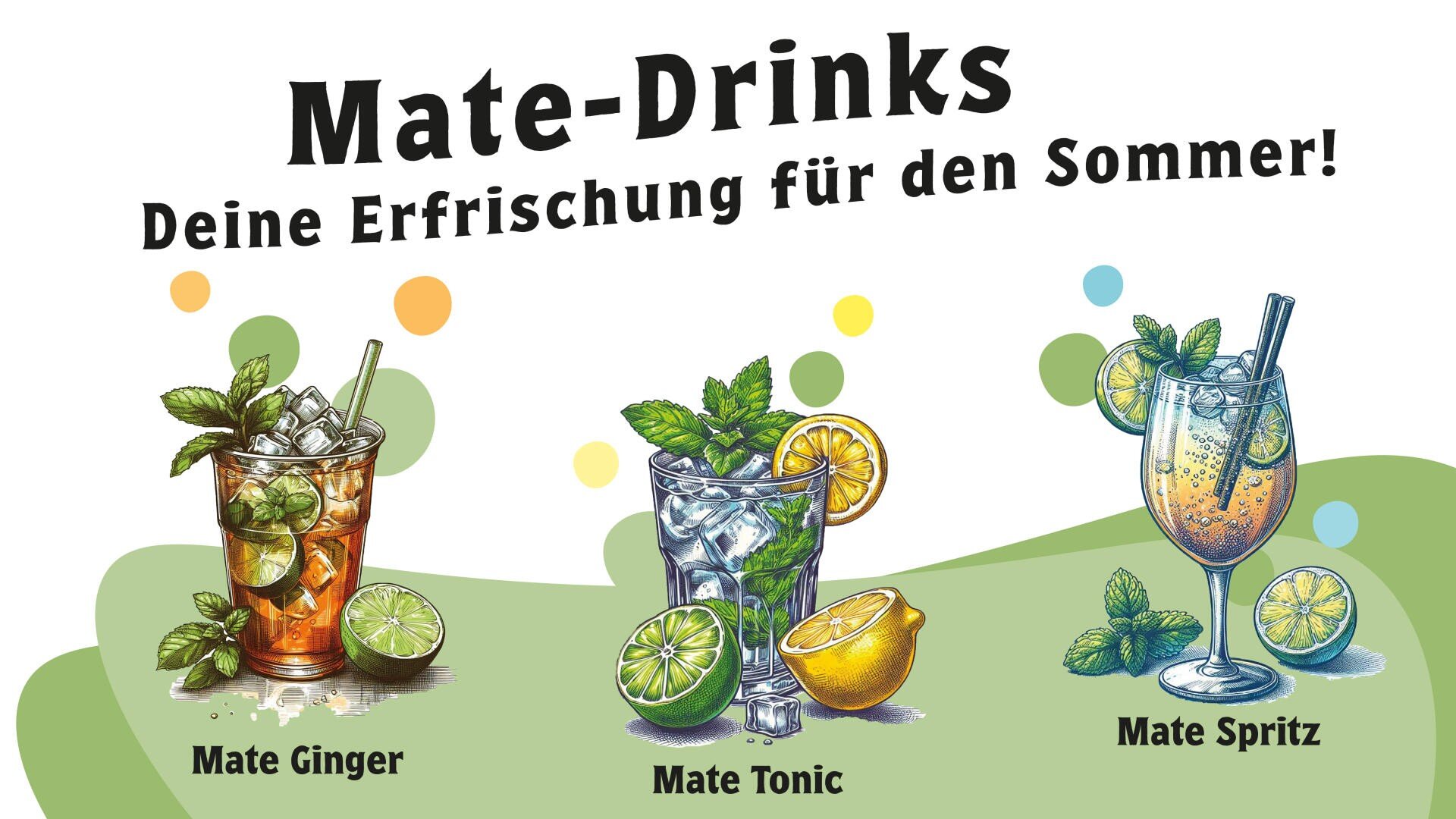Illustration von drei bunten Mate-Getränken mit Eis, Minze und Früchten: Mate Ginger in einem hohen Glas, Mate Tonic in einem Highball-Glas mit Limette und Zitrone und Mate Spritz in einem Weinglas. Der deutsche Text darüber wirbt für sommerliche Erfrischung.