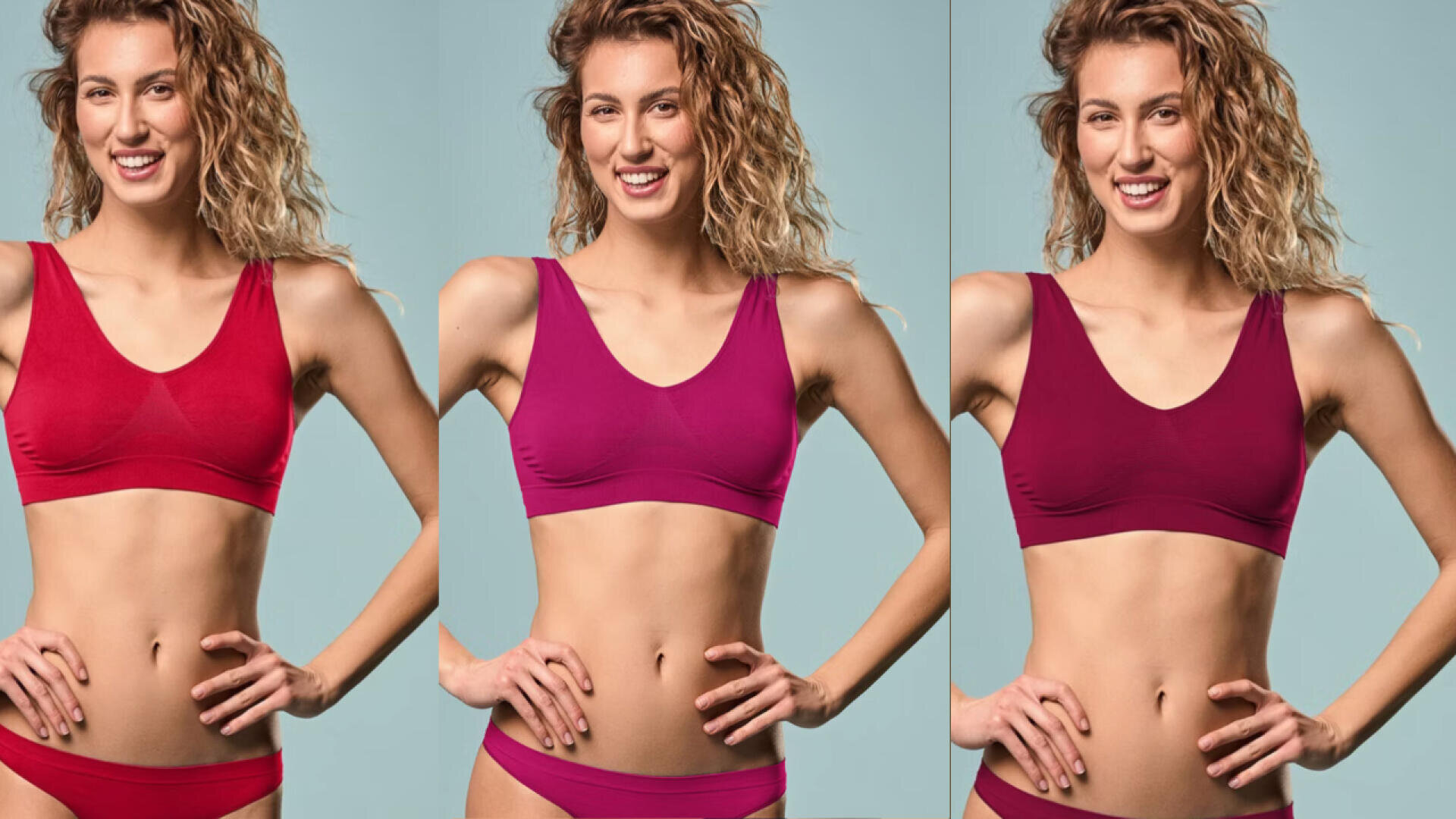 Dreimal wird eine Frau in ähnlicher Pose gezeigt, die jeweils eine andere Farbe desselben BH- und Unterwäschetyps trägt: Rot, Rosa und Burgunderrot, vor einem einfarbigen hellblauen Hintergrund.