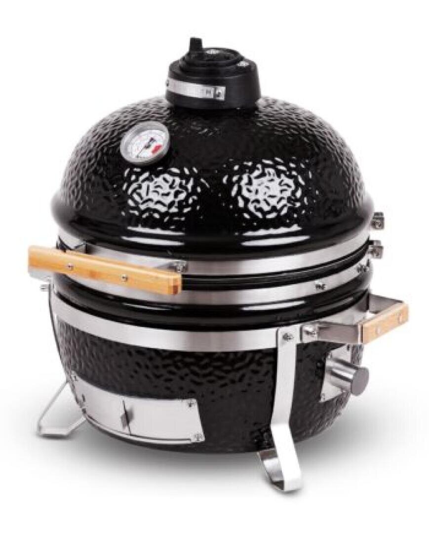 Ein kompakter schwarzer Keramik-Kamado-Grill mit gewölbtem Deckel, Temperaturanzeige, seitlichen Holzgriffen und Edelstahlakzenten, der für das Grillen und Räuchern im Freien konzipiert ist.