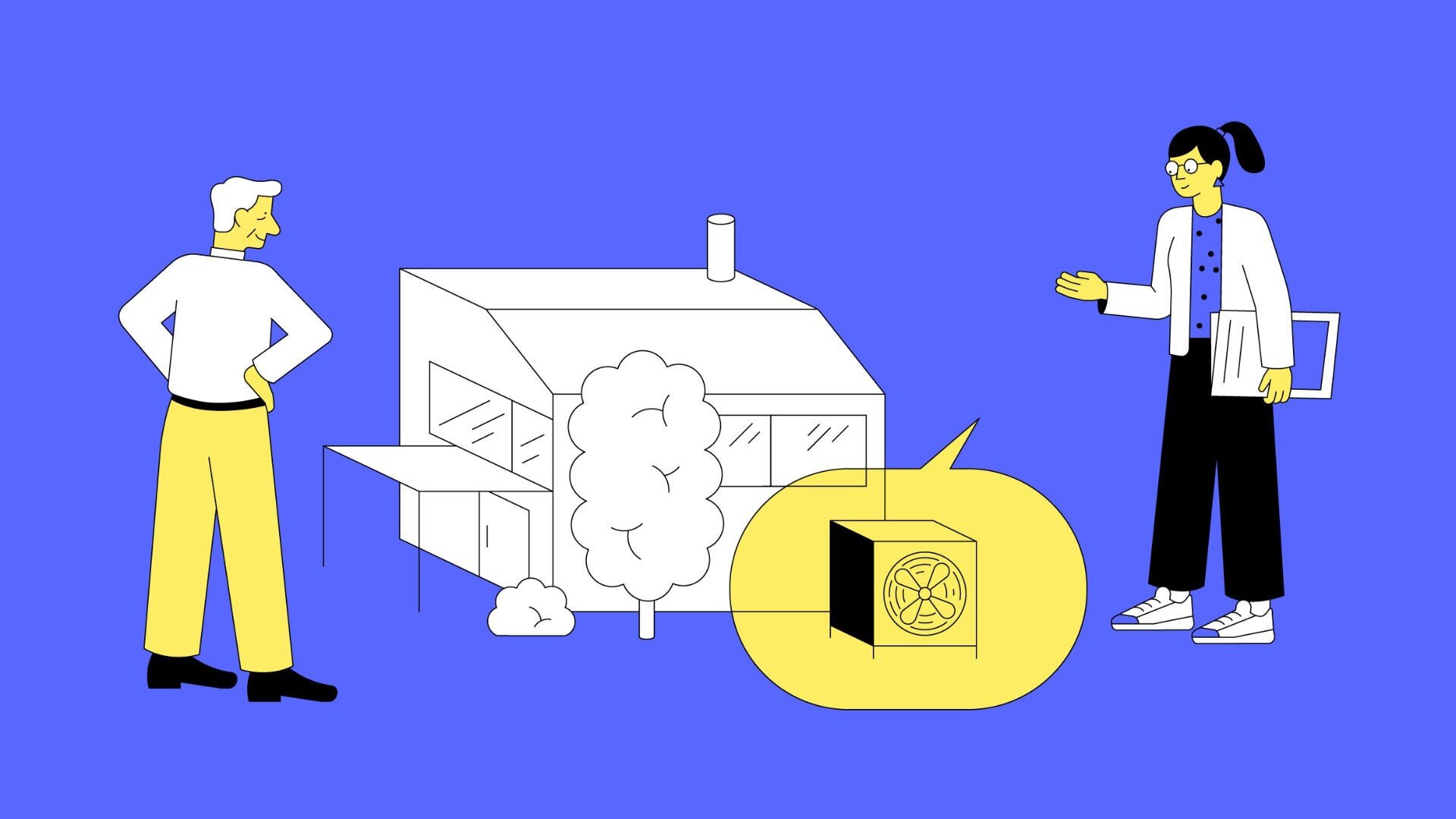 Illustration eines Mannes und einer Frau, die vor einem Haus stehen und über eine hervorgehobene Klimaanlage sprechen; die Frau hält ein Klemmbrett in der Hand und deutet auf das Gerät, vor einem blauen Hintergrund.
