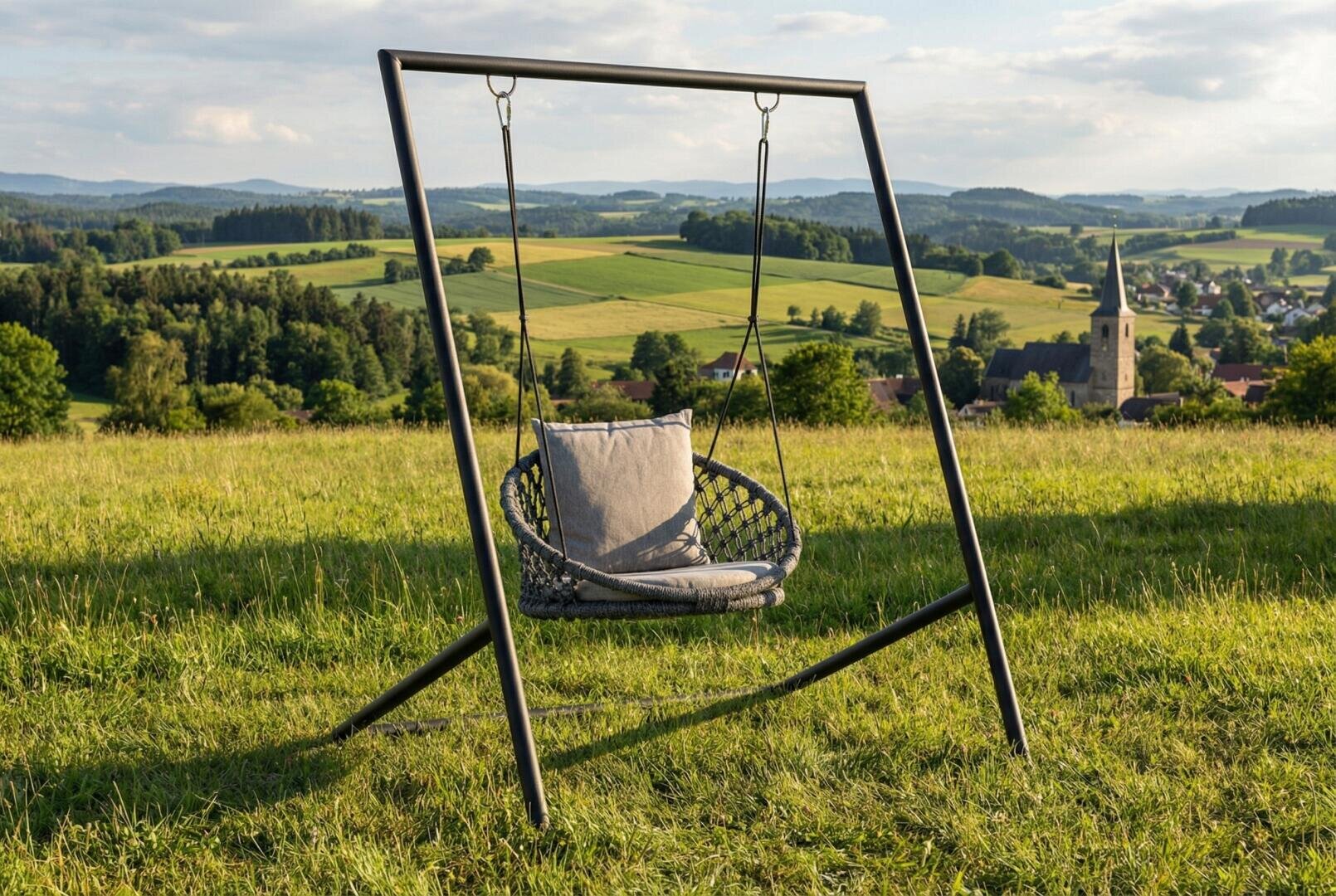 Ein geflochtener Hängesessel mit einem Kissen sitzt auf einem Metallgestell in einem grasbewachsenen Feld, mit Blick auf eine malerische Landschaft mit sanften Hügeln, Bäumen und einem kleinen Dorf mit einer Kirche im Hintergrund.