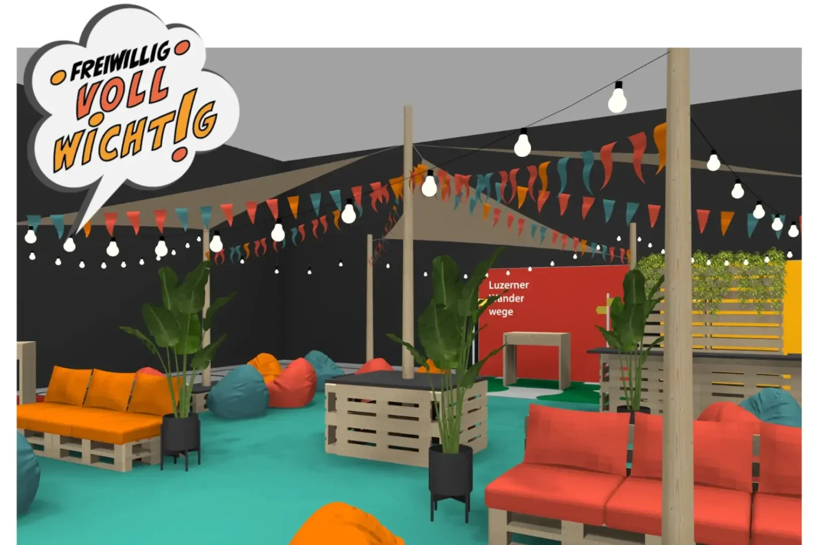Bunte Indoor-Lounge mit orangefarbenen Sofas, Sitzsäcken, Holztischen aus Paletten, Topfpflanzen, Hängelampen und festlichen Wimpeln. Oben links steht in einer Sprechblase "Freiwillig voll wichtig!".