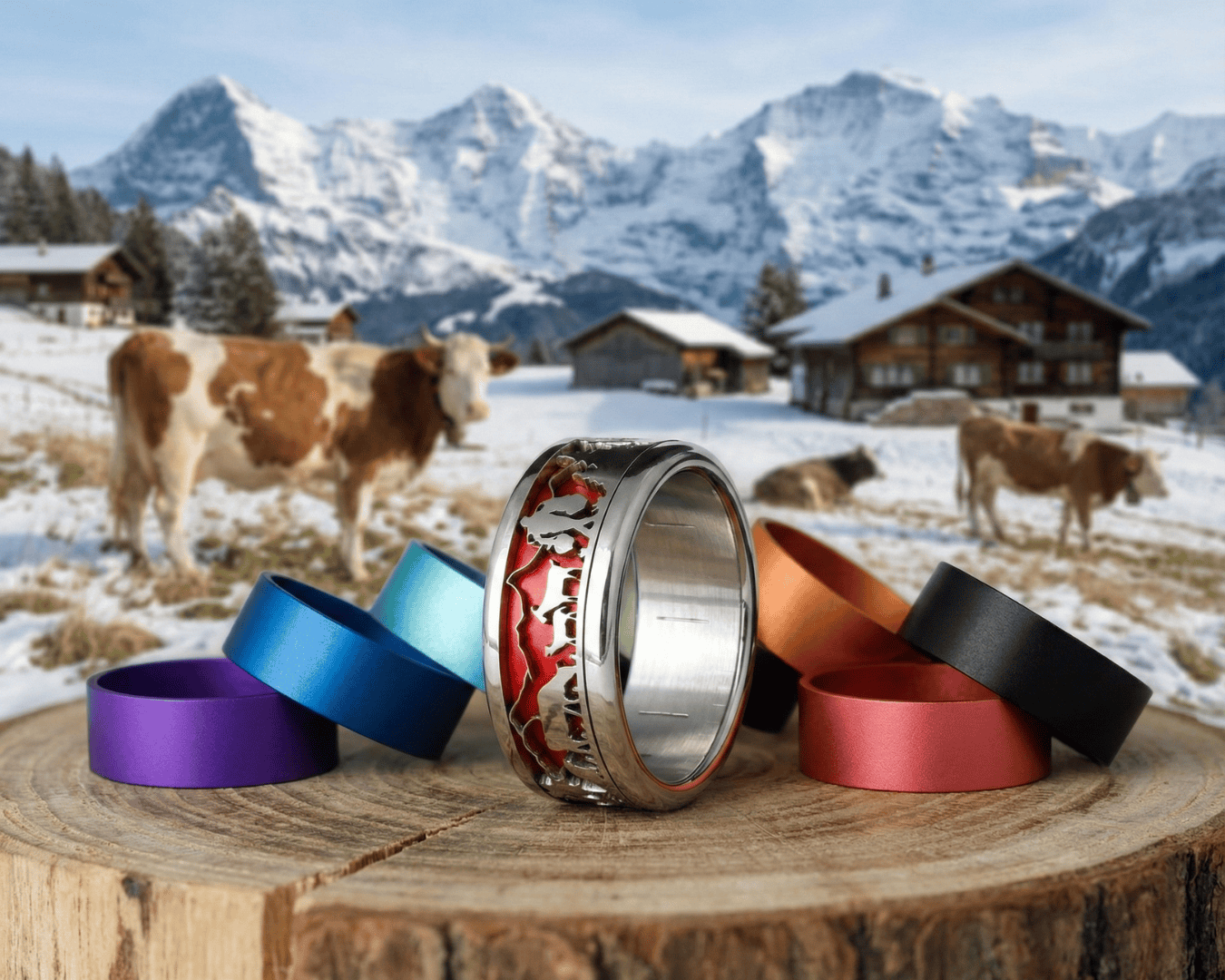 Eine Gruppe bunter Ringe sitzt auf einem Baumstumpf, Kühe grasen auf einer schneebedeckten Almwiese und Holzhütten stehen vor schneebedeckten Bergen im Hintergrund.