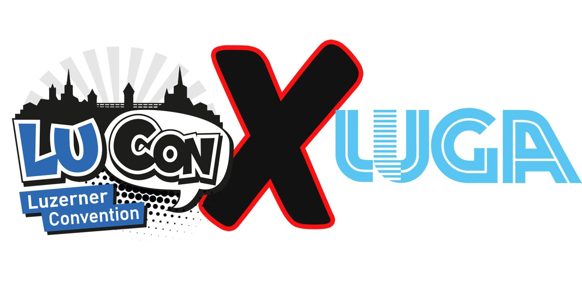 Logo mit dem Text LU Con Luzerner Convention in einer Sprechblase im Comic-Stil, einem grossen roten und schwarzen X und dem Wort LUGA in blauen geometrischen Buchstaben auf weissem Hintergrund.