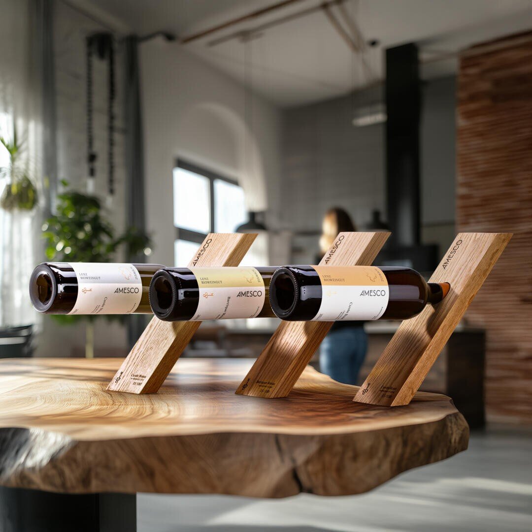 Drei Weinflaschen stehen waagerecht auf Holzständern auf einem polierten Holztisch in einem modernen, sonnendurchfluteten Raum mit unscharfen Hintergrundelementen, darunter Pflanzen und stilvolles Dekor.