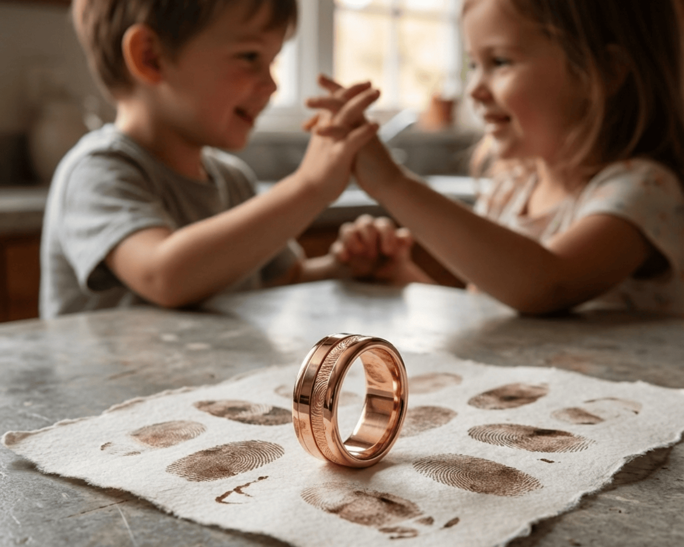 Ein Paar Ringe aus Roségold liegt auf einem Tuch mit Fingerabdrücken, während ein lächelnder Junge und ein Mädchen im verschwommenen Hintergrund miteinander spielen.