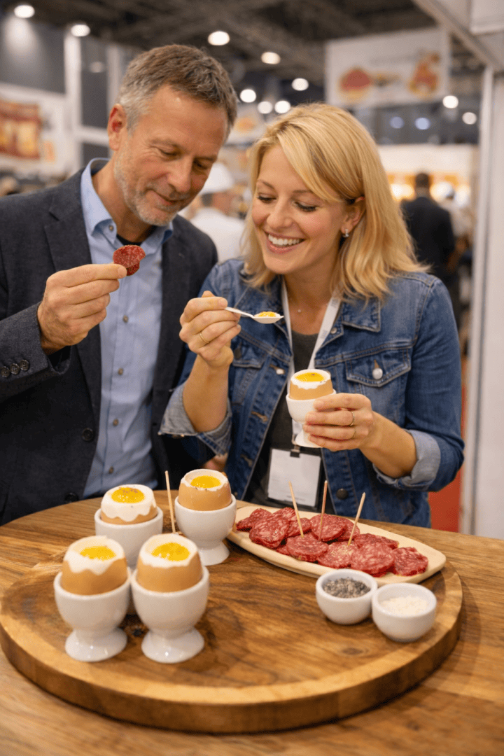 Ein lächelnder Mann und eine lächelnde Frau probieren an einem Holztisch mit Eiern, die in Schalen serviert werden, und einer Platte mit in Scheiben geschnittenen Wurstwaren, Salz und Pfeffer, was eine Veranstaltung oder Verkostung zu sein scheint.