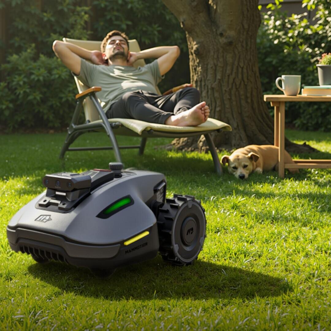 Ein Mann entspannt sich in einem Liegestuhl unter einem Baum, während ein kleiner Hund in der Nähe im Gras liegt. Im Vordergrund bewegt sich ein Rasenmähroboter über den grünen Rasen. Neben dem Mann steht ein Holztisch mit Tassen.