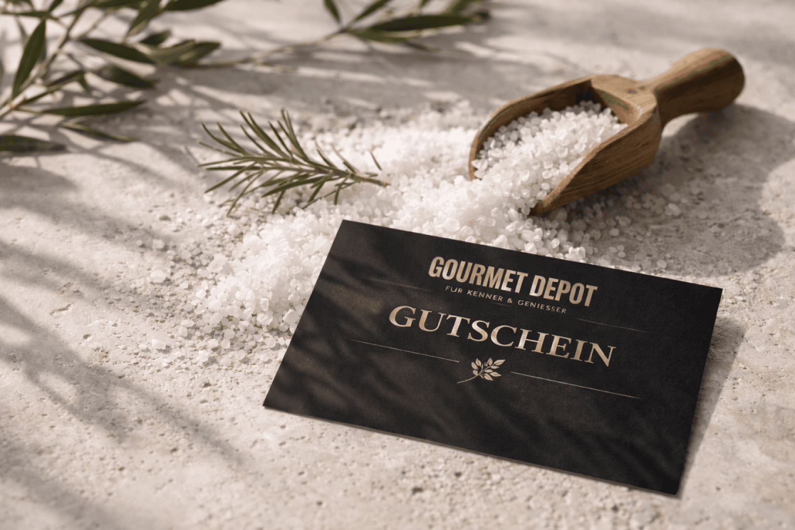 Eine schwarze Gutscheinkarte mit der Aufschrift Gourmet Depot Gutschein liegt auf einer hellen Steinfläche neben einer hölzernen Schaufel, die grobes Meersalz und einen grünen Zweig enthält. Das Sonnenlicht wirft weiche Schatten auf die Szene.