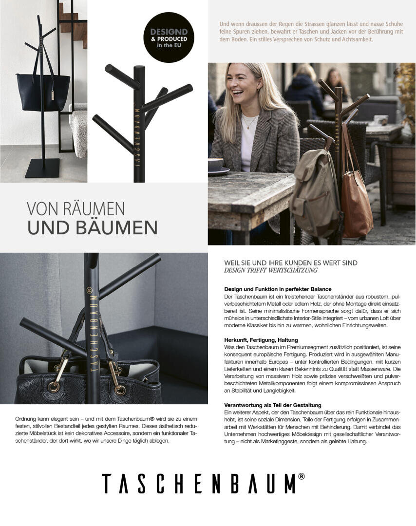 Ein moderner, stilvoller schwarzer Taschenständer mit daran hängenden Handtaschen wird in verschiedenen Umgebungen gezeigt, darunter eine Caféterrasse und eine Nahaufnahme neben sitzenden Frauen. Der Text hebt Details zu Design und Funktion hervor.