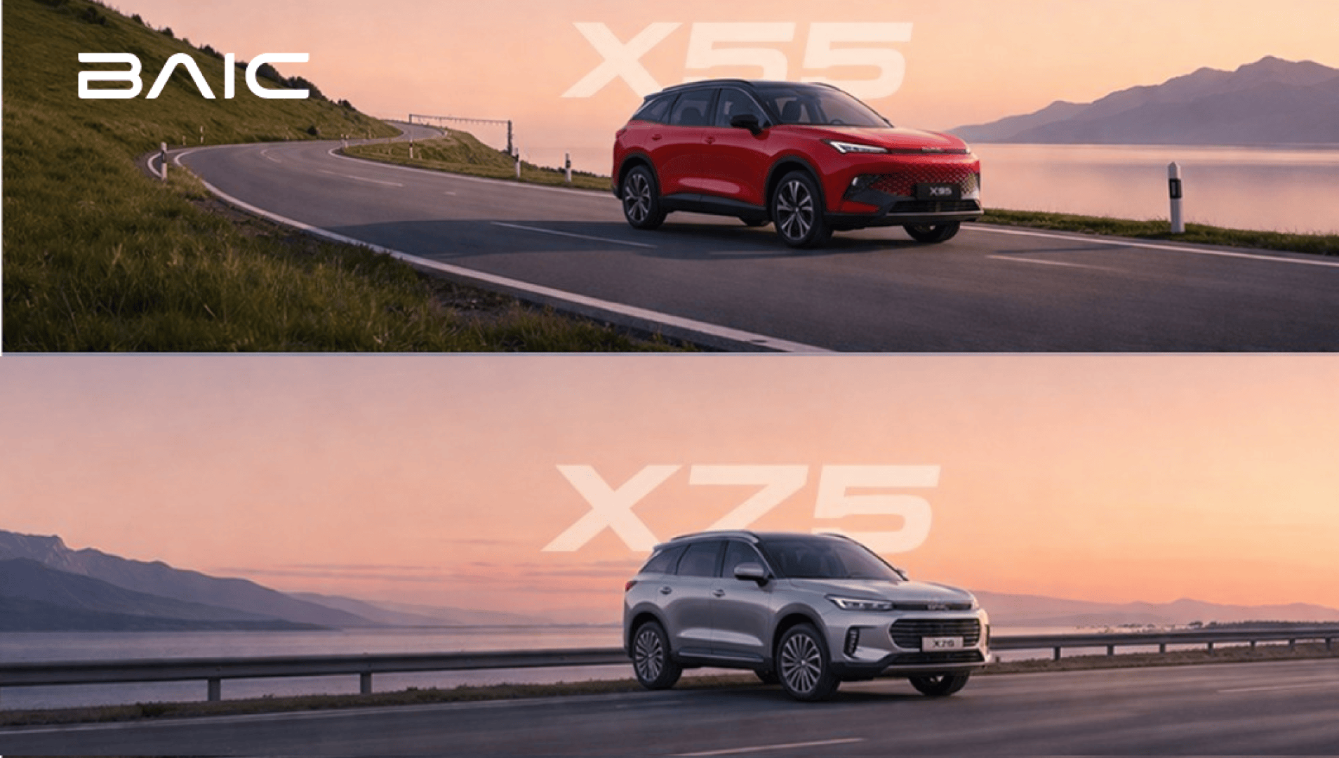 Zwei Geländewagen fahren bei Sonnenaufgang über malerische Küstenstraßen - ein rotes Auto mit der Aufschrift X55 und ein silbernes Auto mit der Aufschrift X75; beide Bilder zeigen das BAIC-Logo und Berge im Hintergrund.